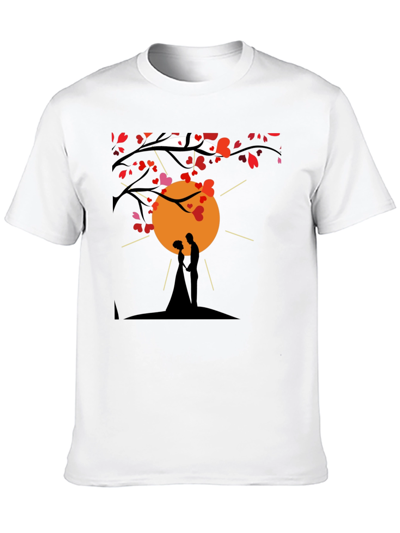 Romantic Couple Silhouette Heart Tree Black T-Shirt