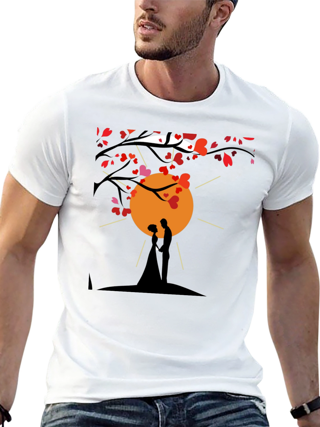 Romantic Couple Silhouette Heart Tree Black T-Shirt