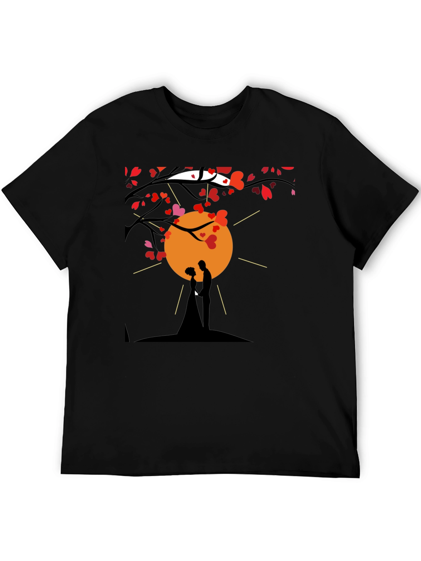 Romantic Couple Silhouette Heart Tree Black T-Shirt