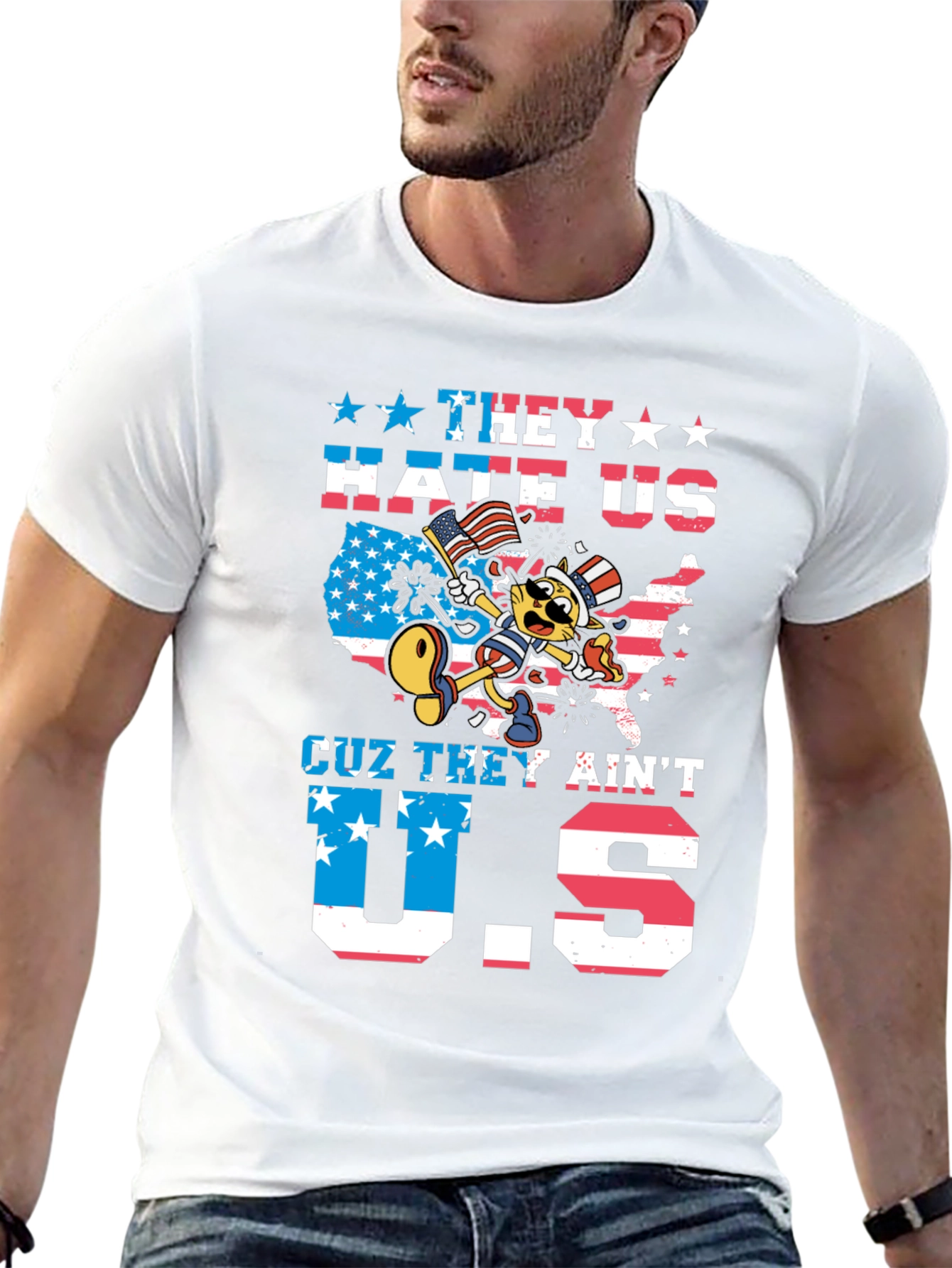 Patriotic Cartoon Cat Graphic T-Shirt