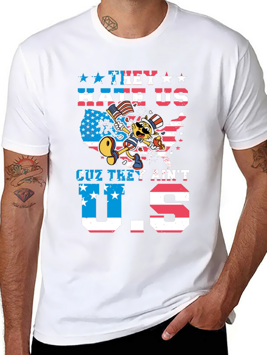 Patriotic Cartoon Cat Graphic T-Shirt
