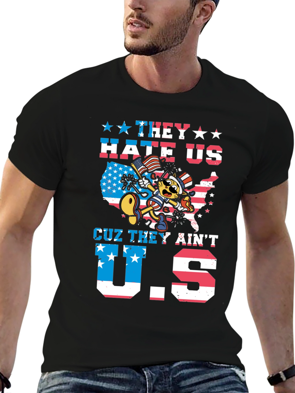Patriotic Cartoon Cat Graphic T-Shirt