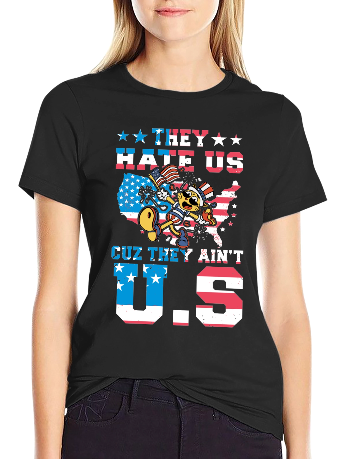 Patriotic Cartoon Cat Graphic T-Shirt