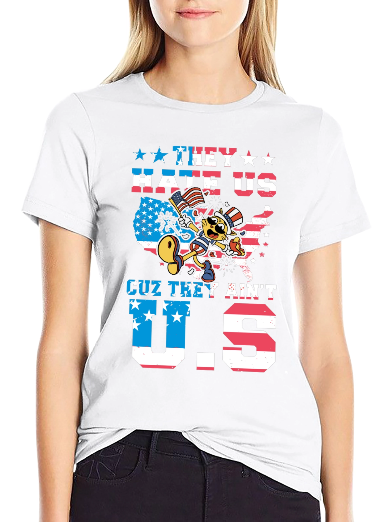 Patriotic Cartoon Cat Graphic T-Shirt