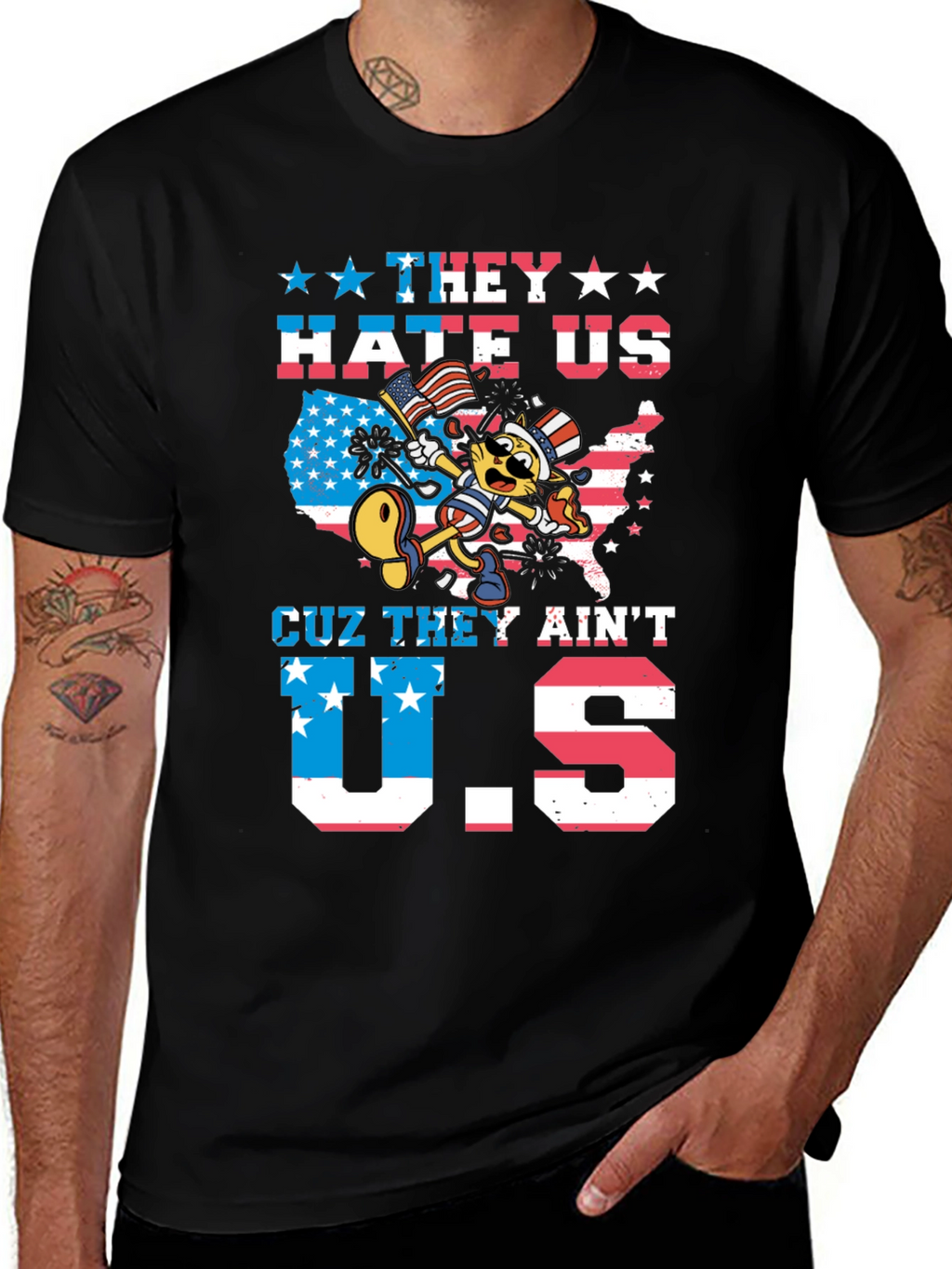 Patriotic Cartoon Cat Graphic T-Shirt
