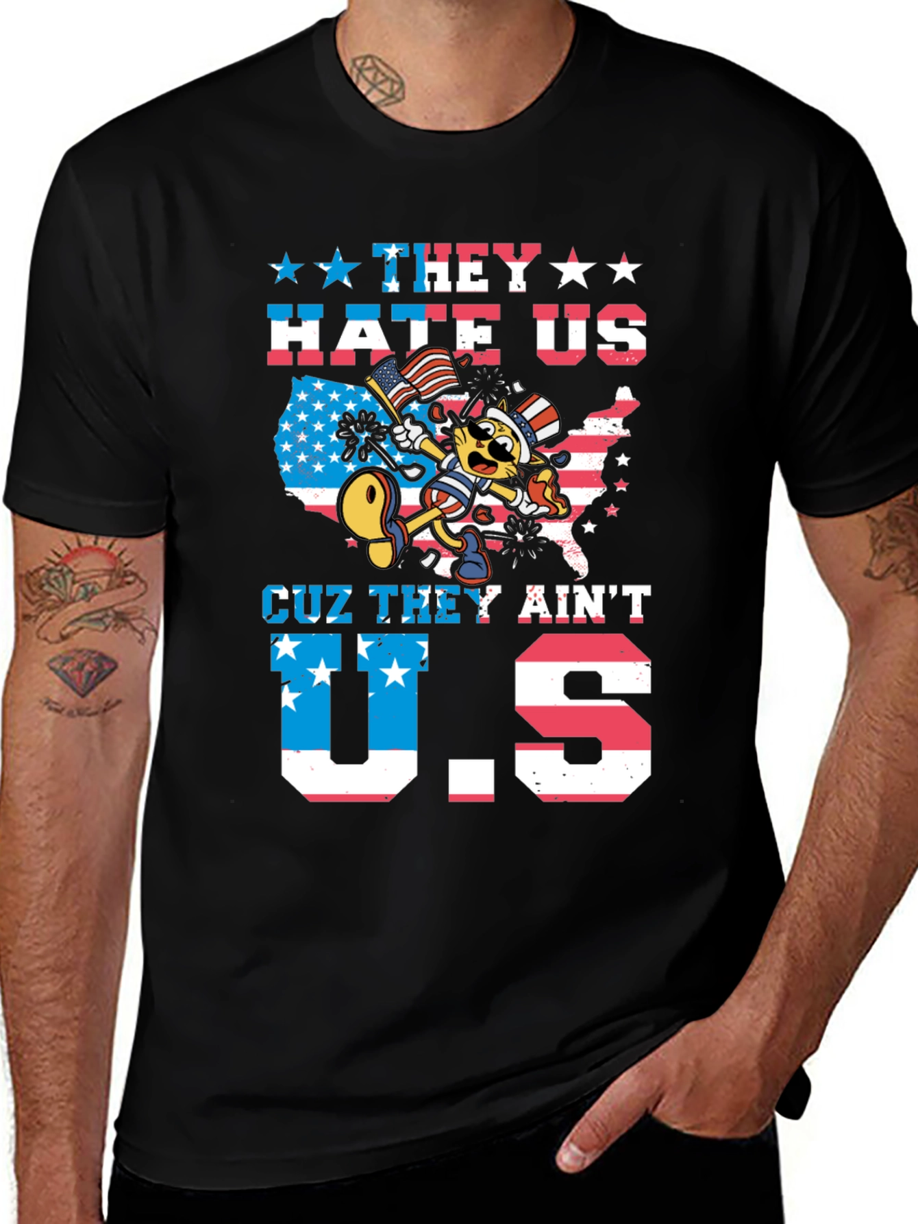 Patriotic Cartoon Cat Graphic T-Shirt