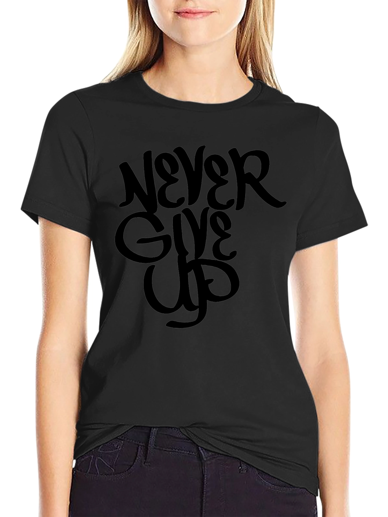 Never Give Up Graphic Tee - Motivational Black T-Shirt