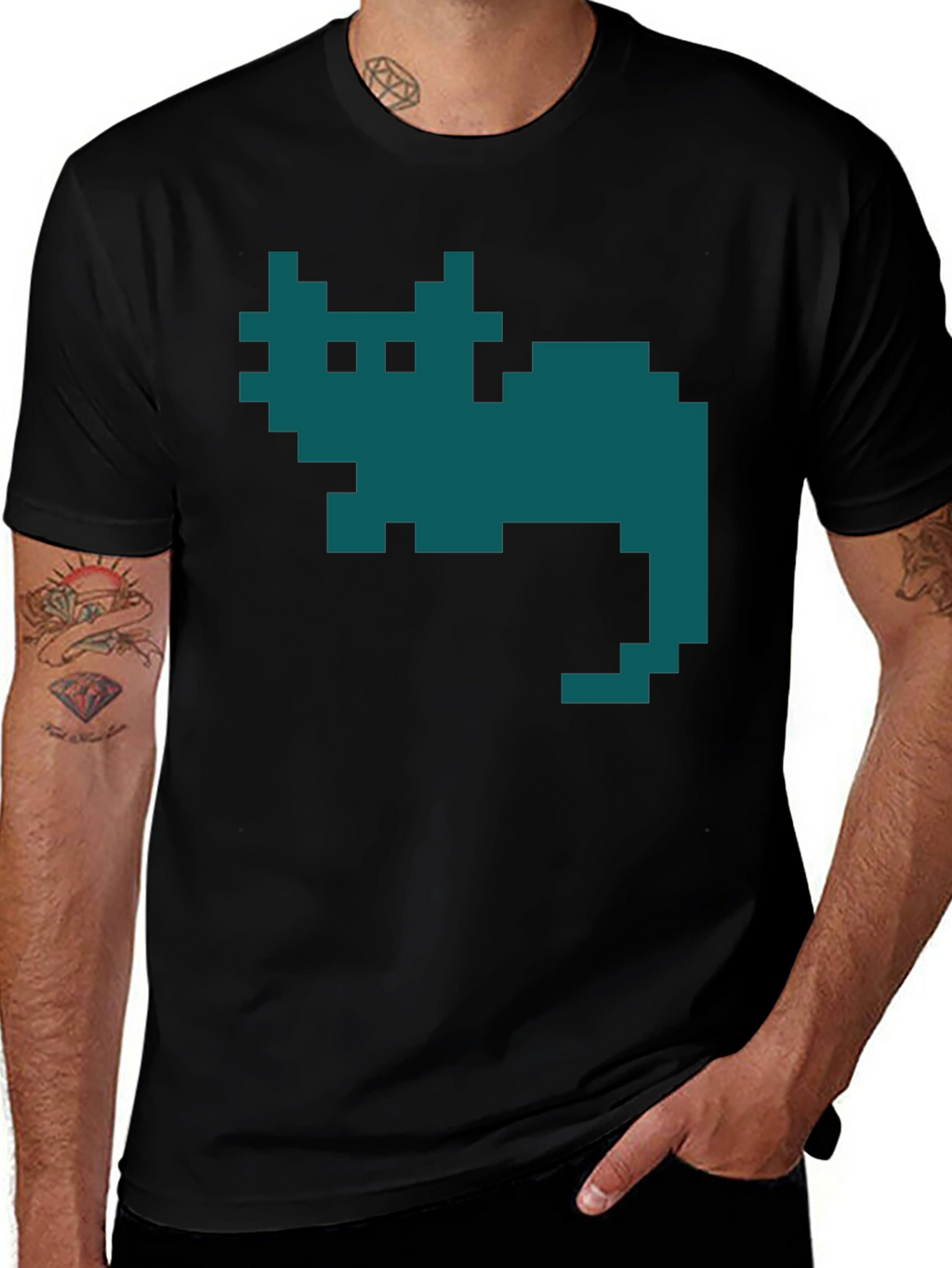 Retro Pixel Cat T-Shirt - Black Cotton Tee