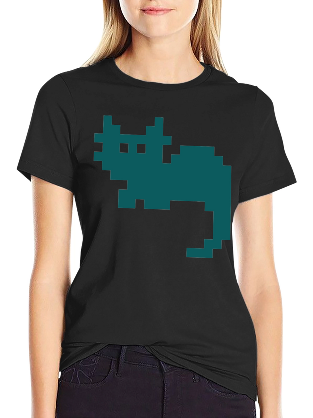 Retro Pixel Cat T-Shirt - Black Cotton Tee