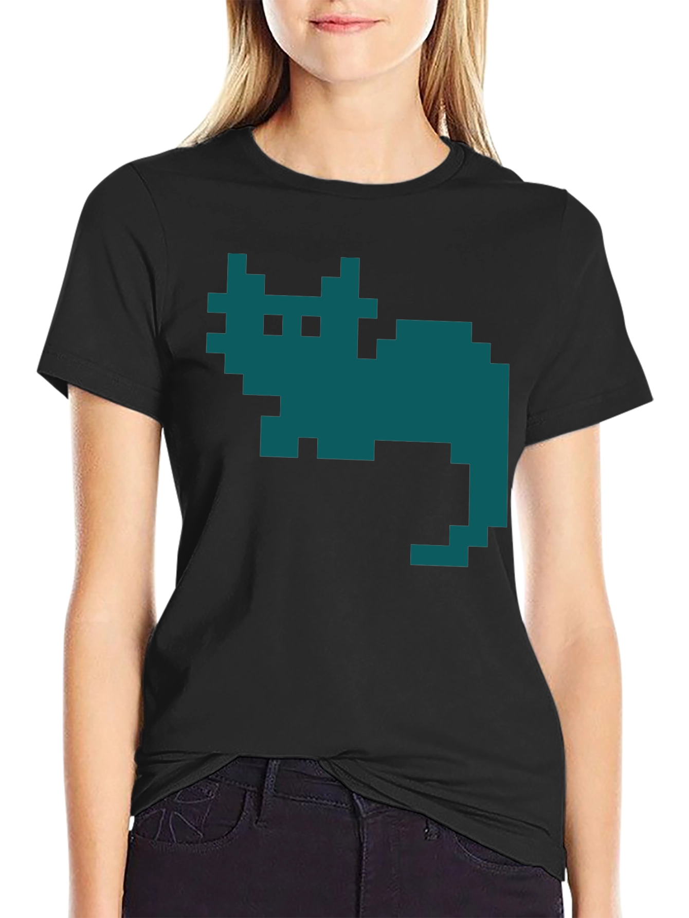 Retro Pixel Cat T-Shirt - Black Cotton Tee