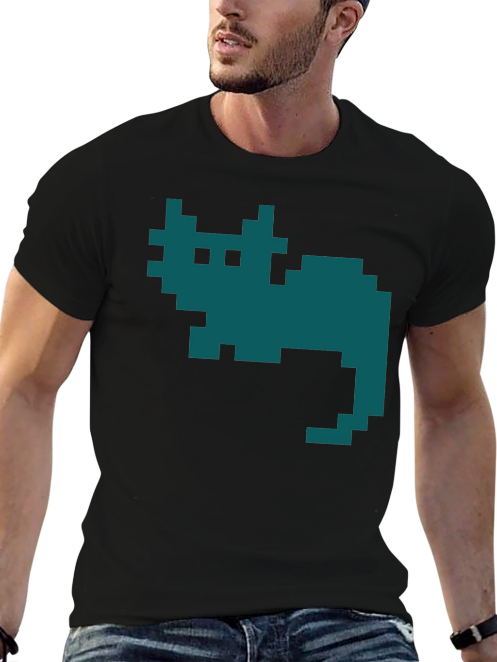 Retro Pixel Cat T-Shirt - Black Cotton Tee