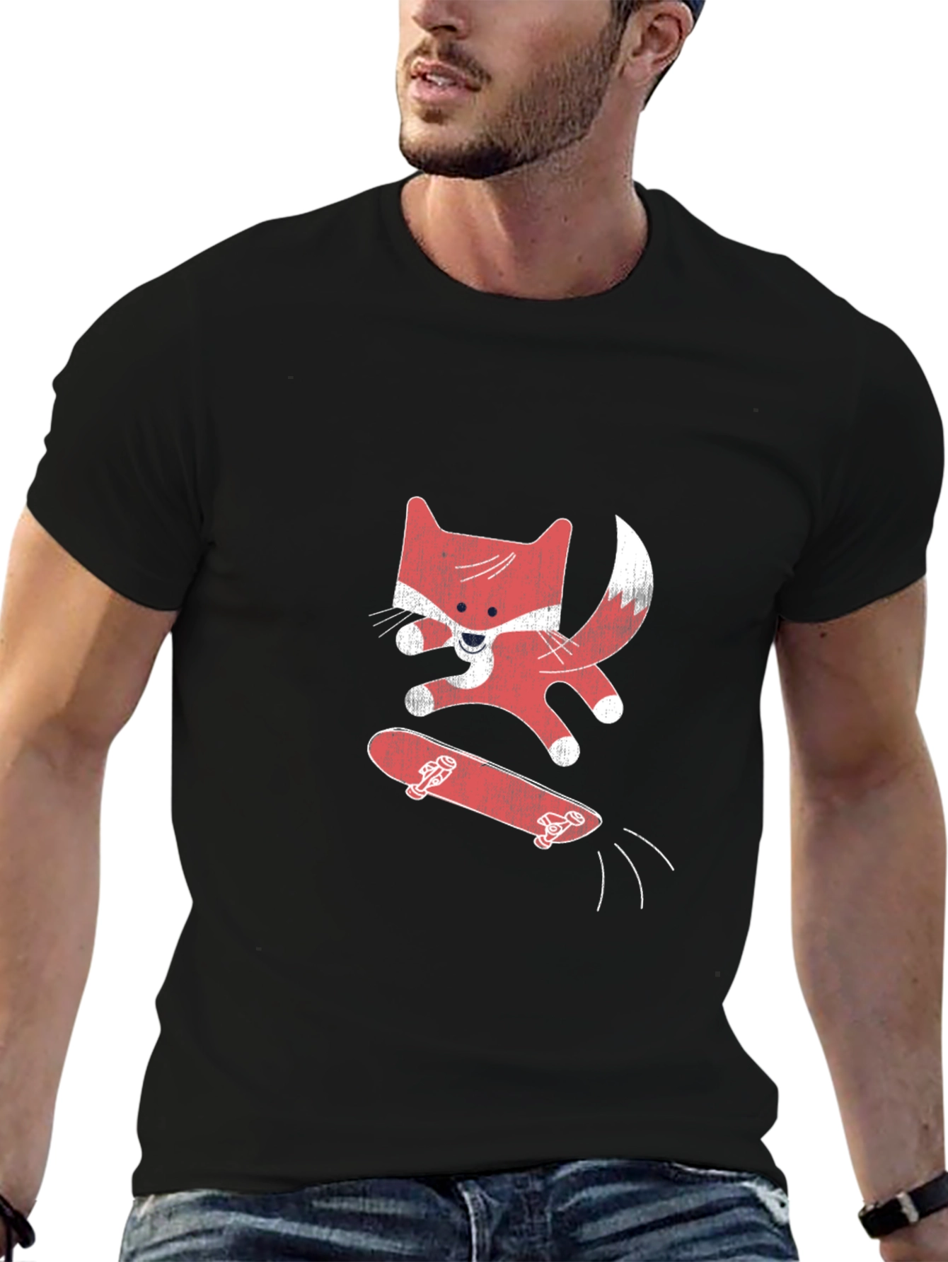 Skateboarding Fox Graphic Tee - Black Cotton Shirt
