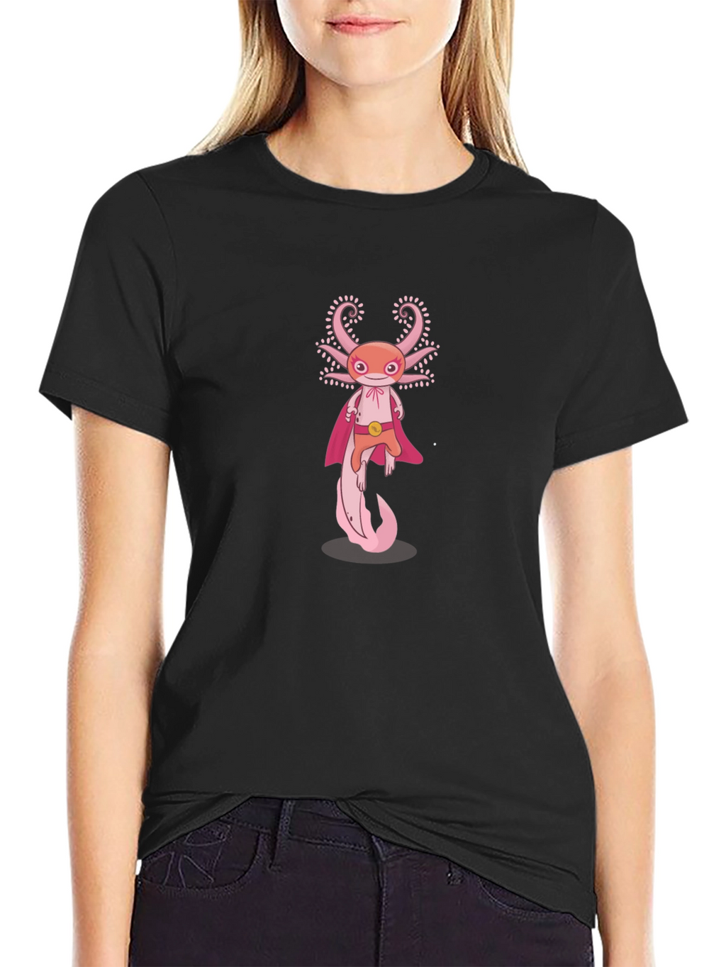 Axolotl Superhero Graphic Tee - Black Cotton T-Shirt