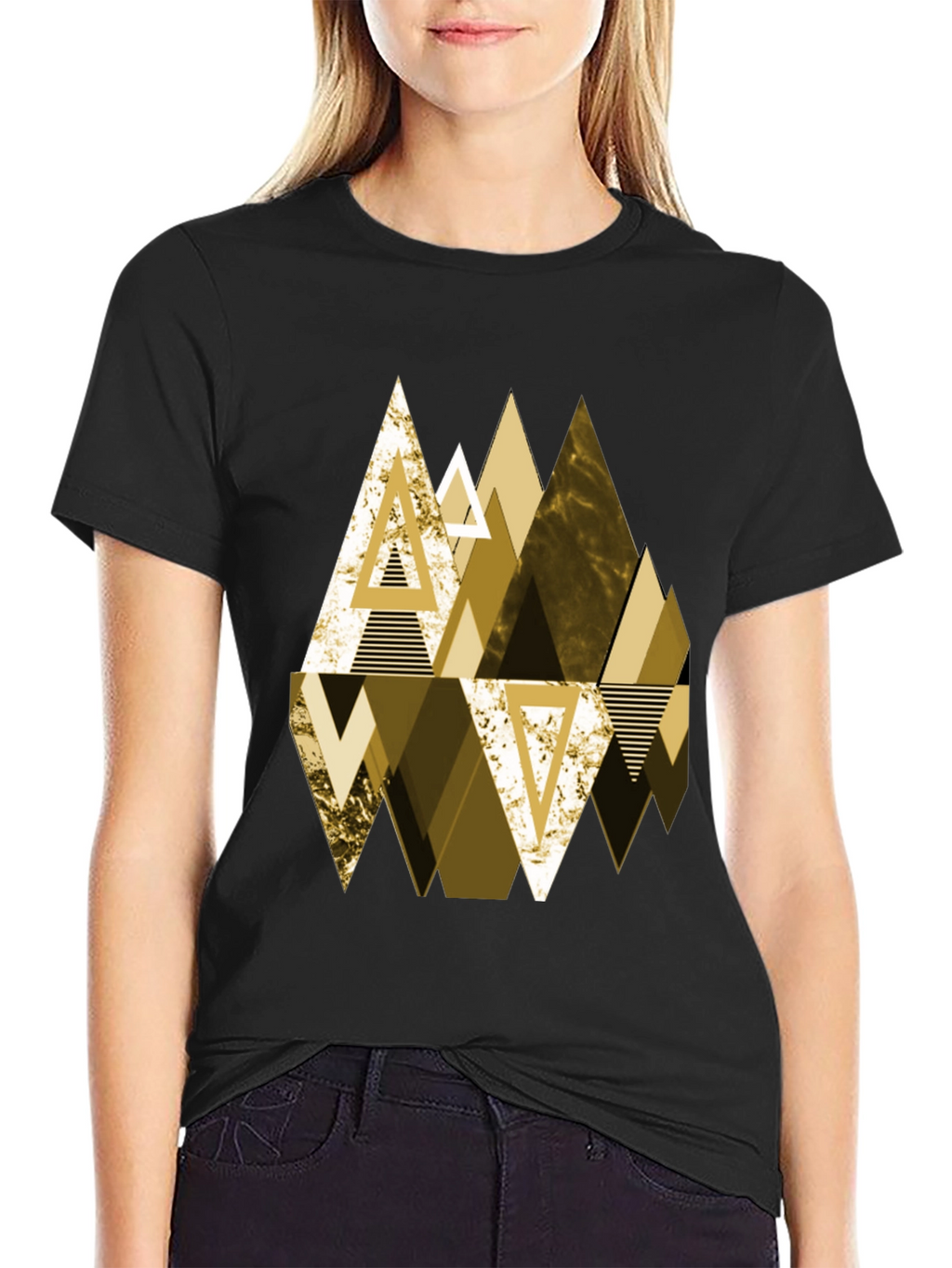 Geometric Triangle Gold Print Mens Black T-Shirt