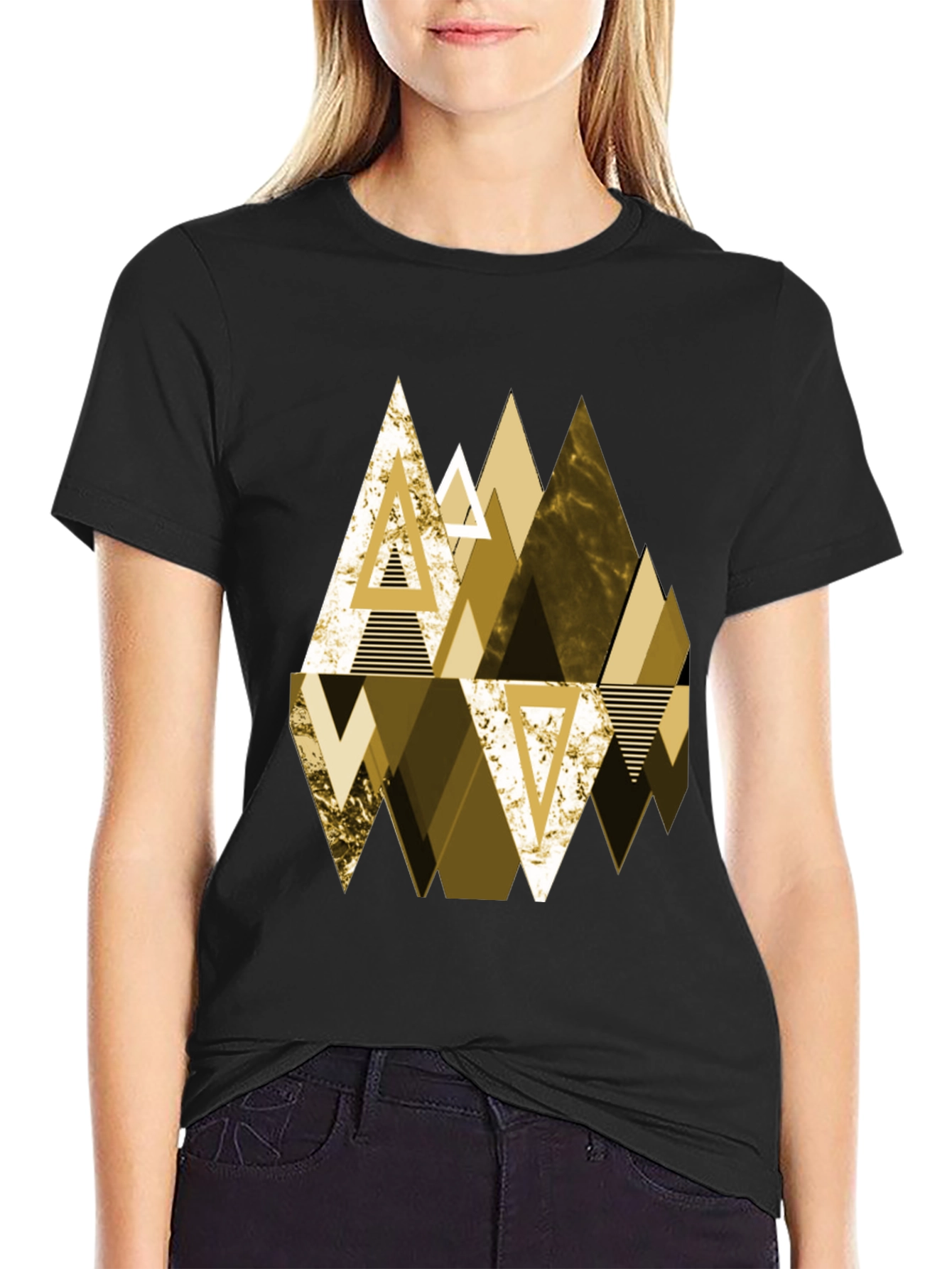 Geometric Triangle Gold Print Mens Black T-Shirt