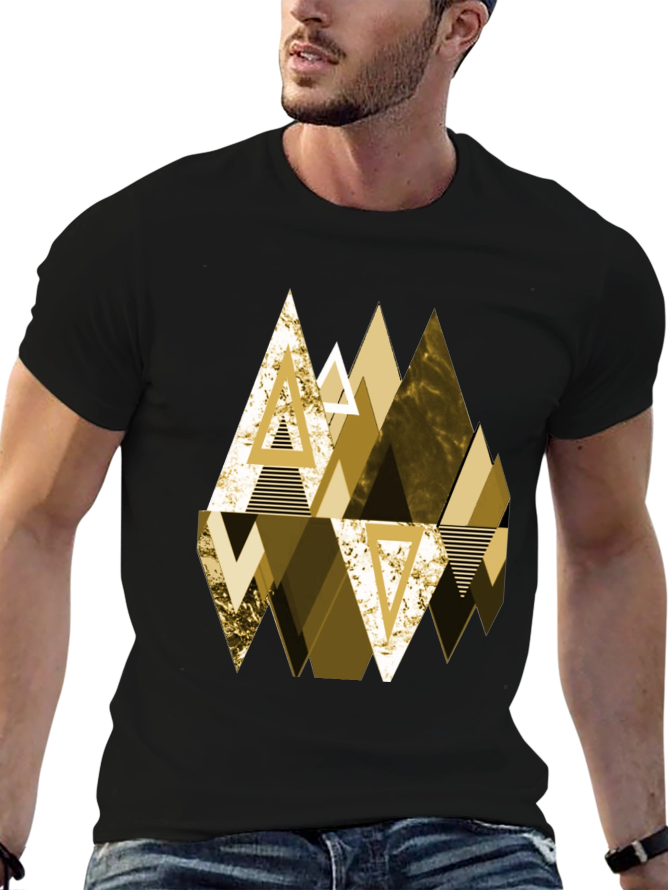 Geometric Triangle Gold Print Mens Black T-Shirt