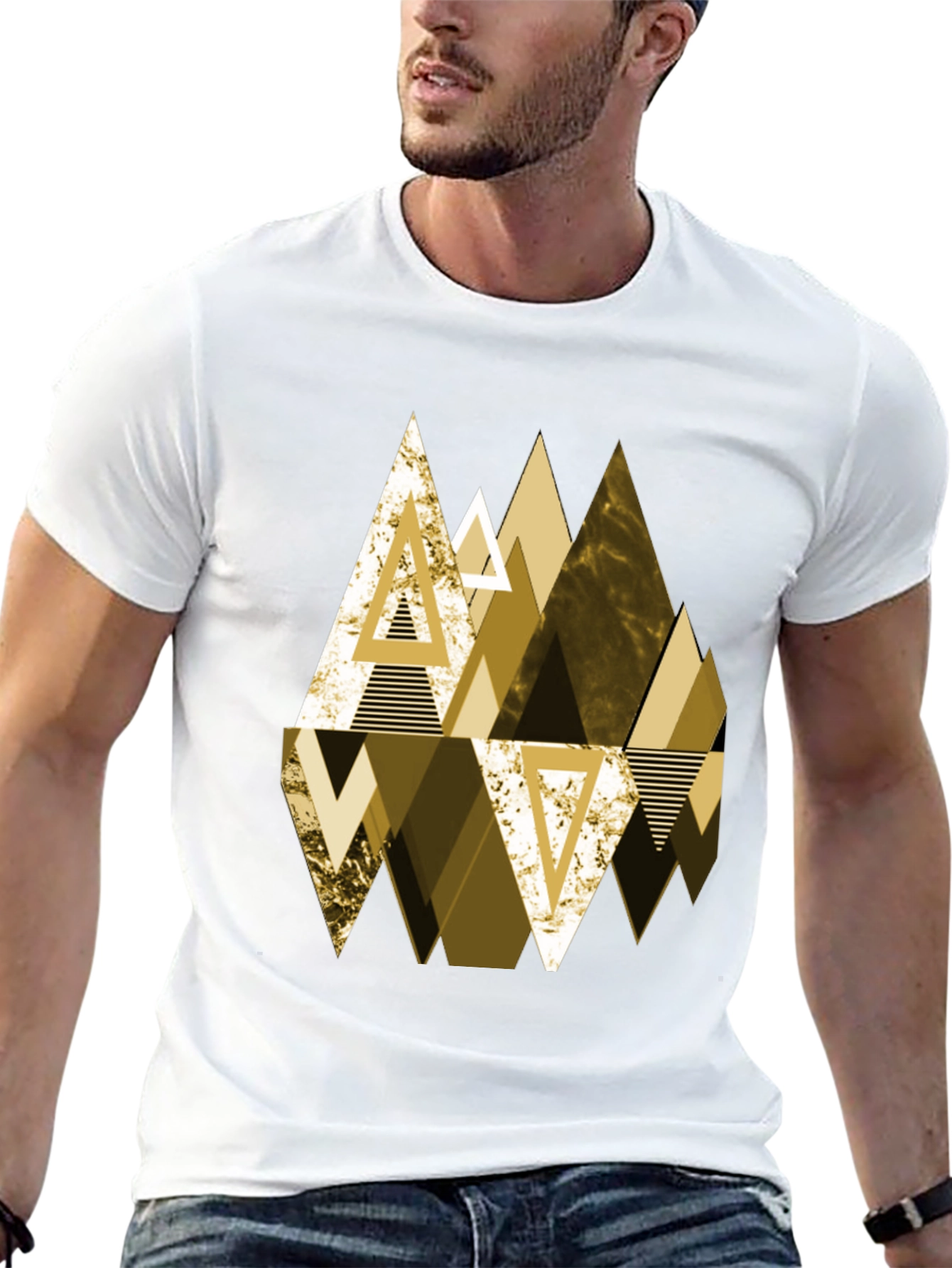 Geometric Triangle Gold Print Mens Black T-Shirt