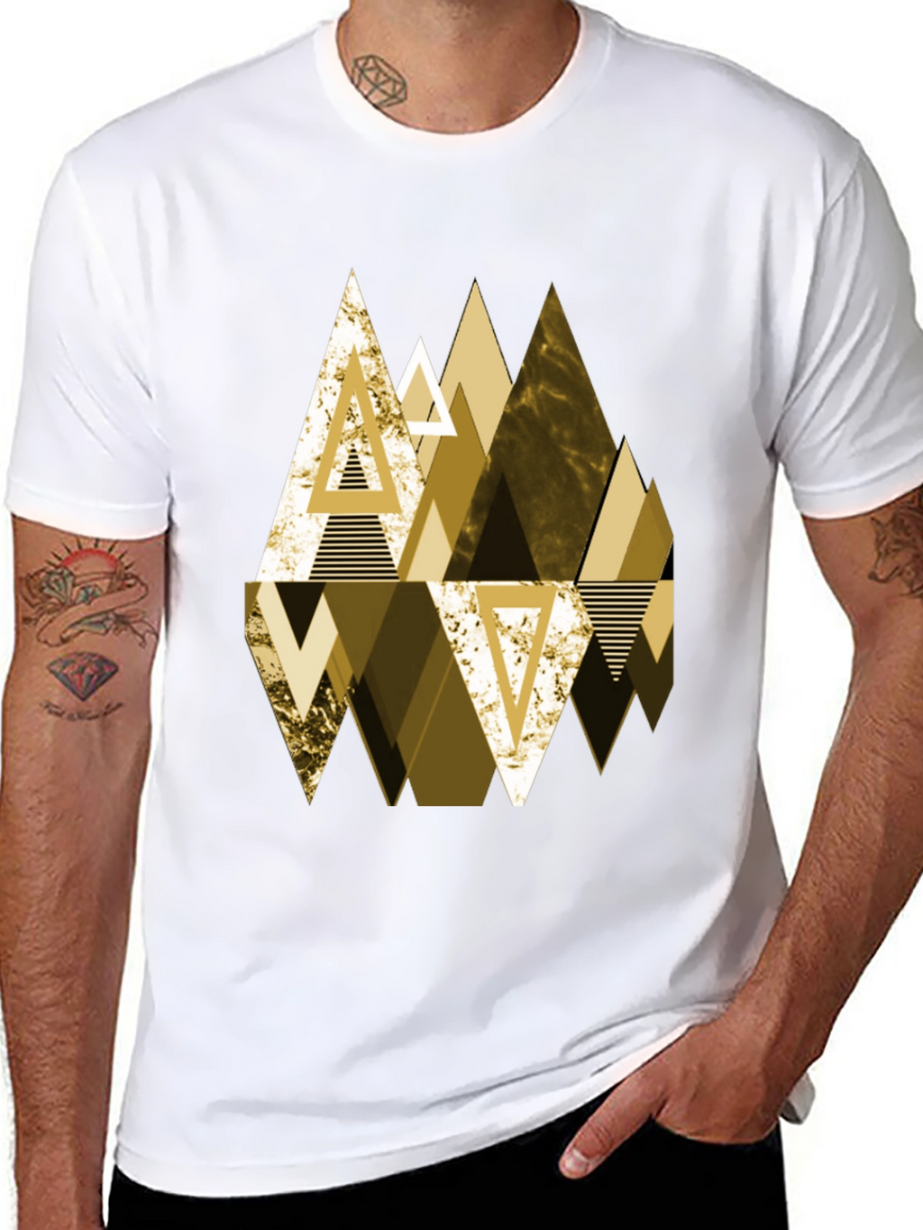Geometric Triangle Gold Print Mens Black T-Shirt