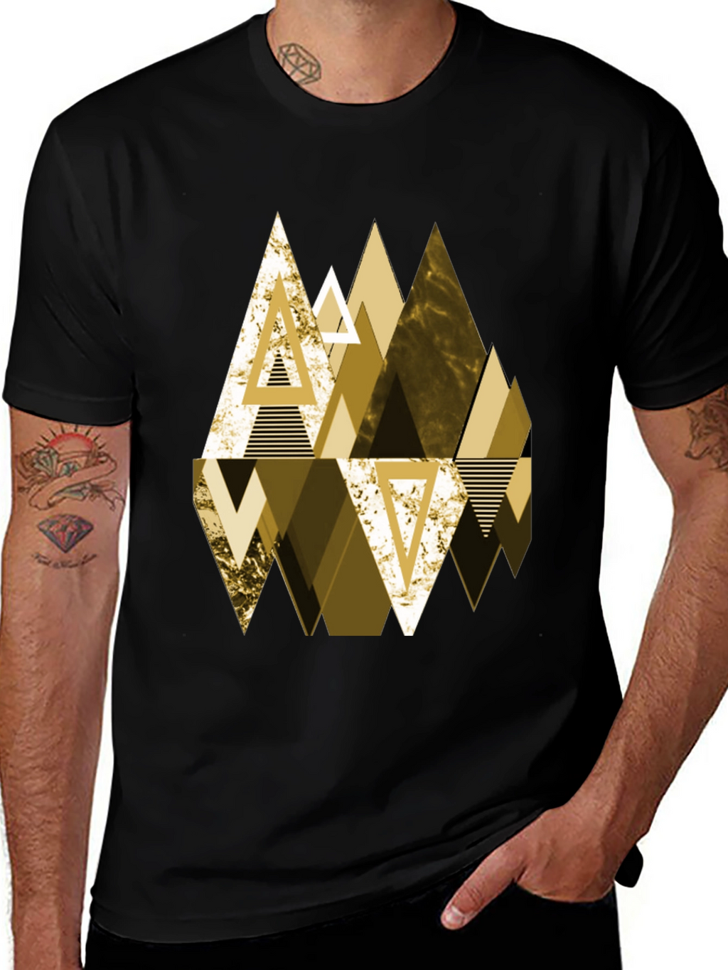 Geometric Triangle Gold Print Mens Black T-Shirt