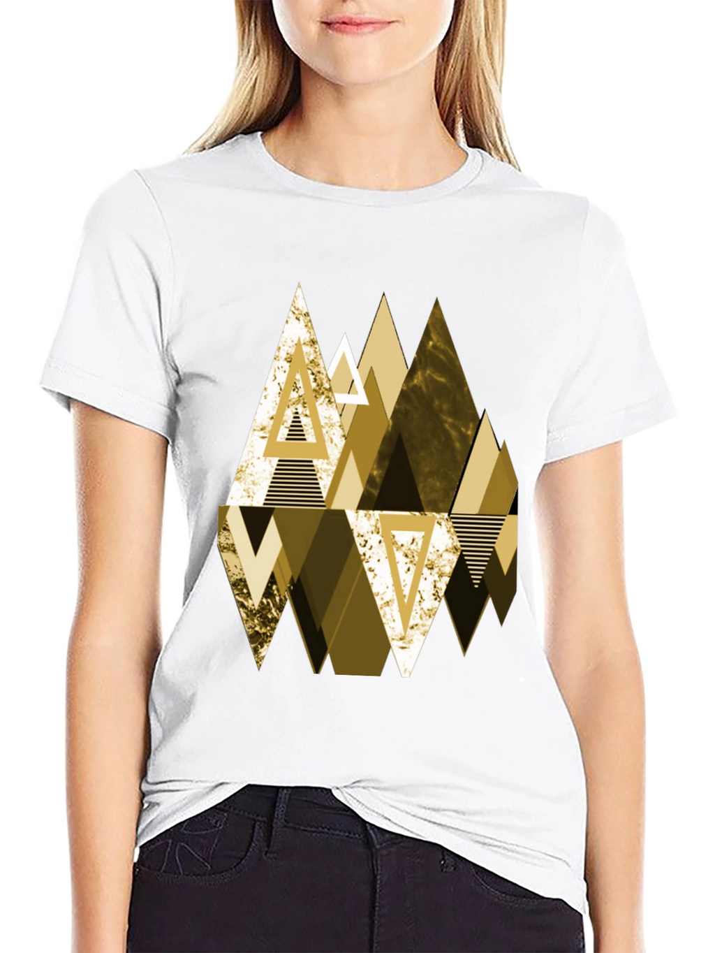 Geometric Triangle Gold Print Mens Black T-Shirt