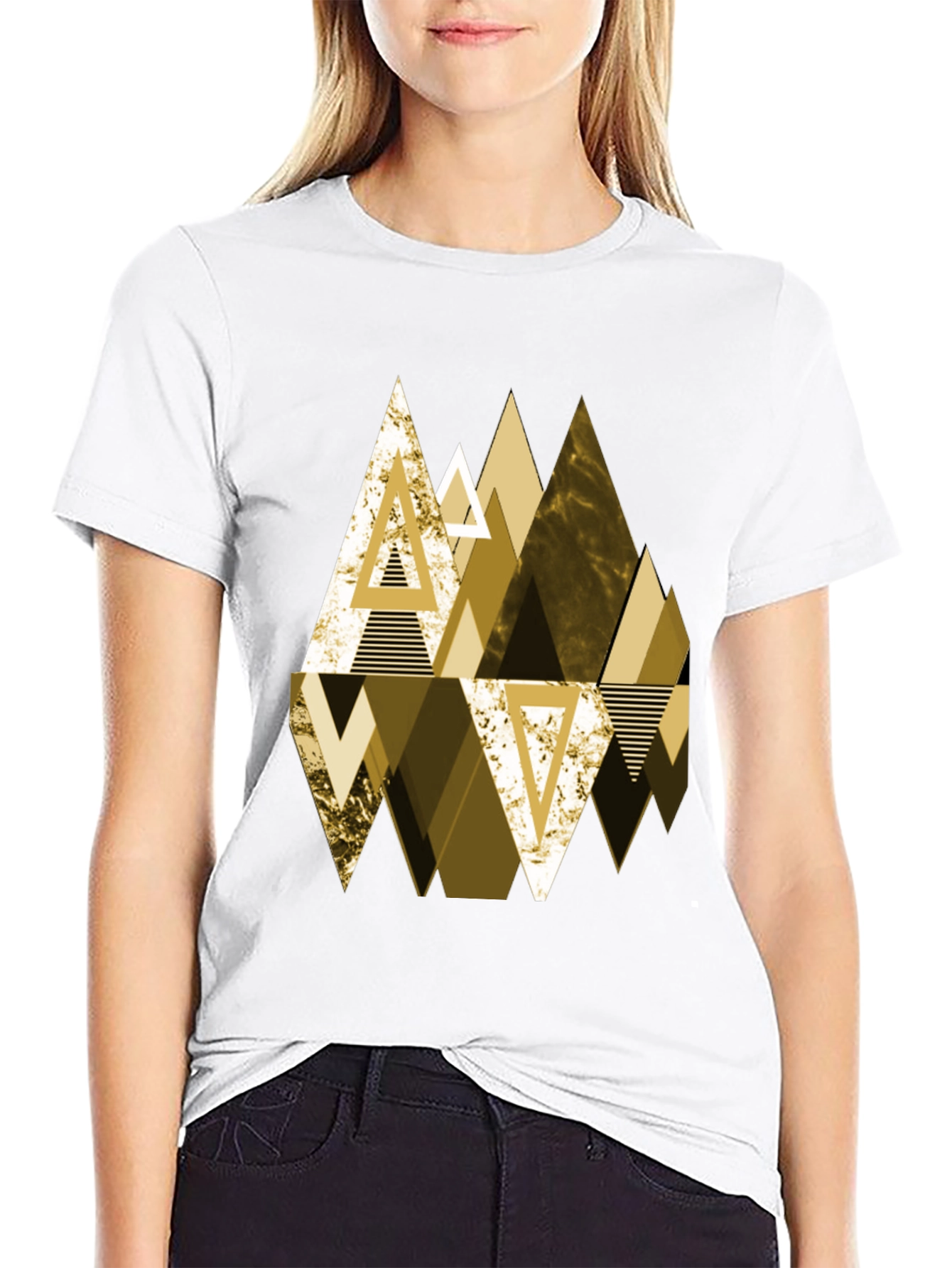 Geometric Triangle Gold Print Mens Black T-Shirt