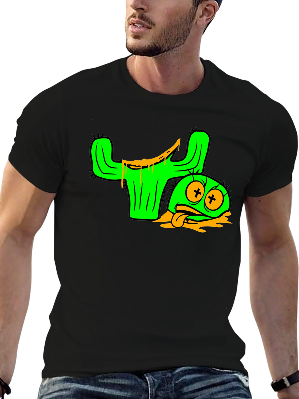 Cactus Character Graphic Tee - Black Cotton Blend