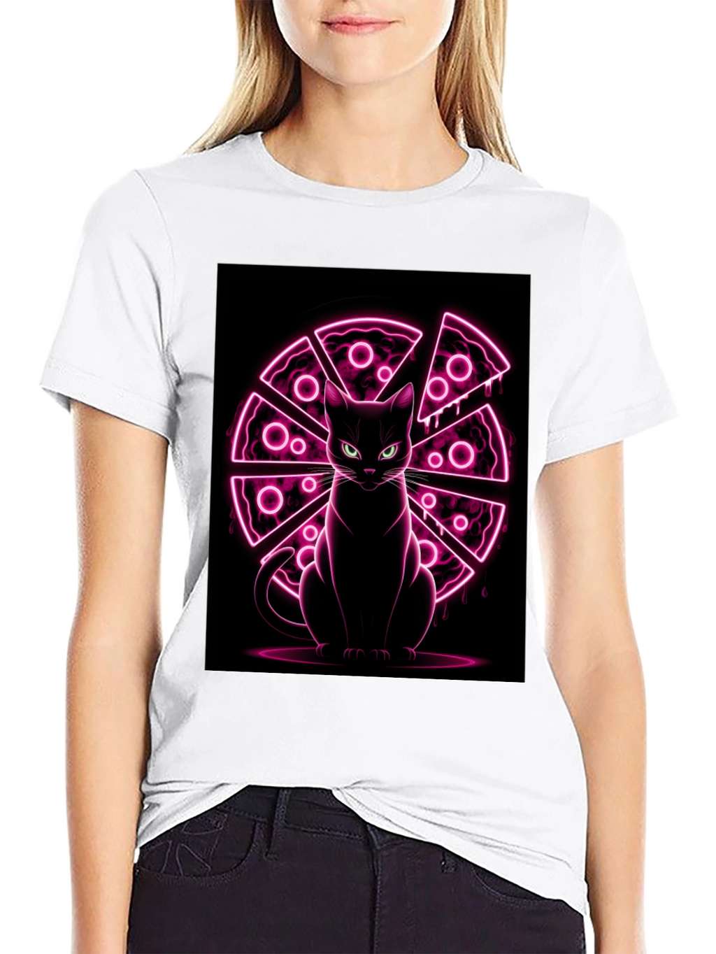 Cat Pizza Neon Graphic T-Shirt