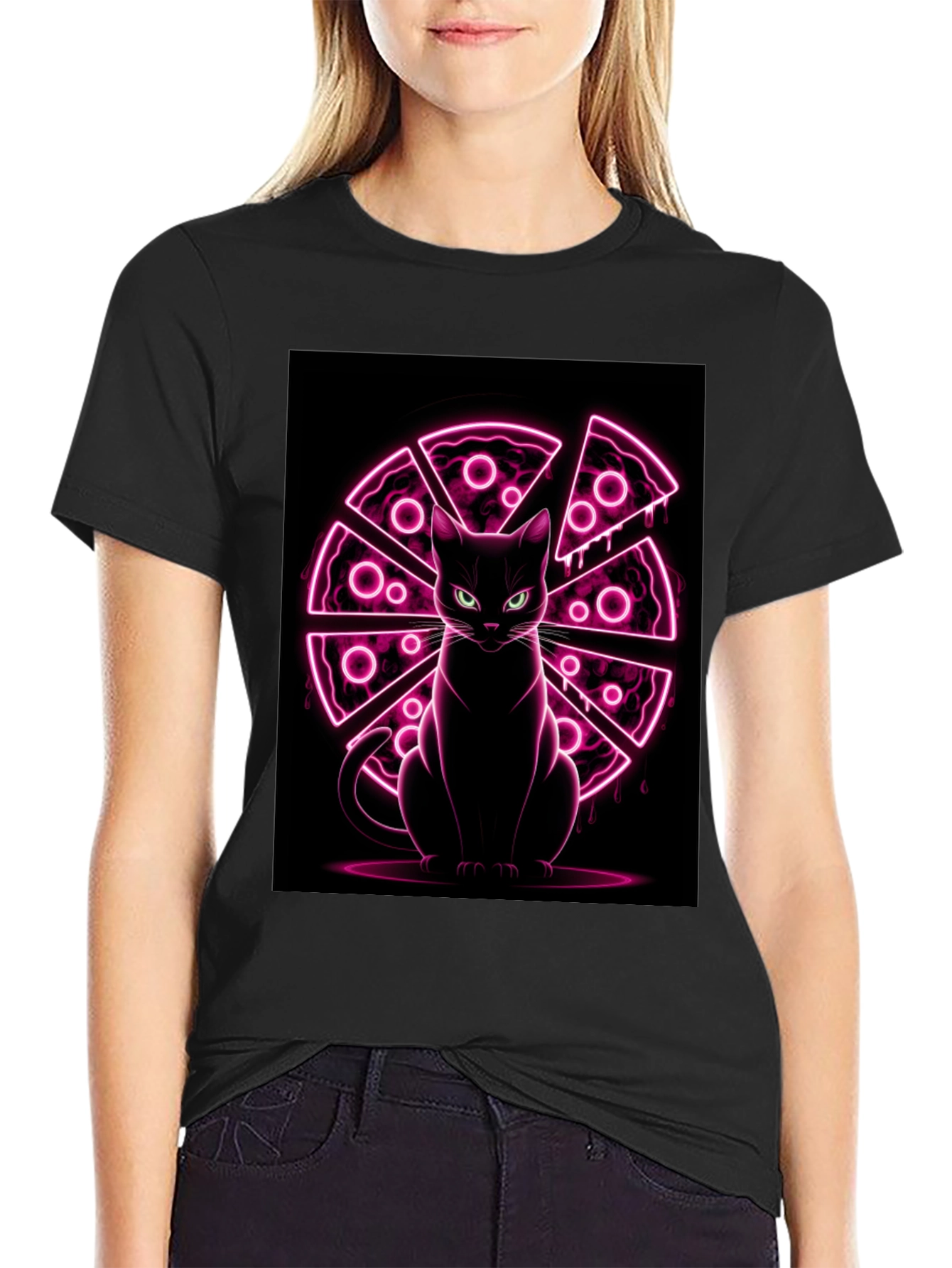 Cat Pizza Neon Graphic T-Shirt