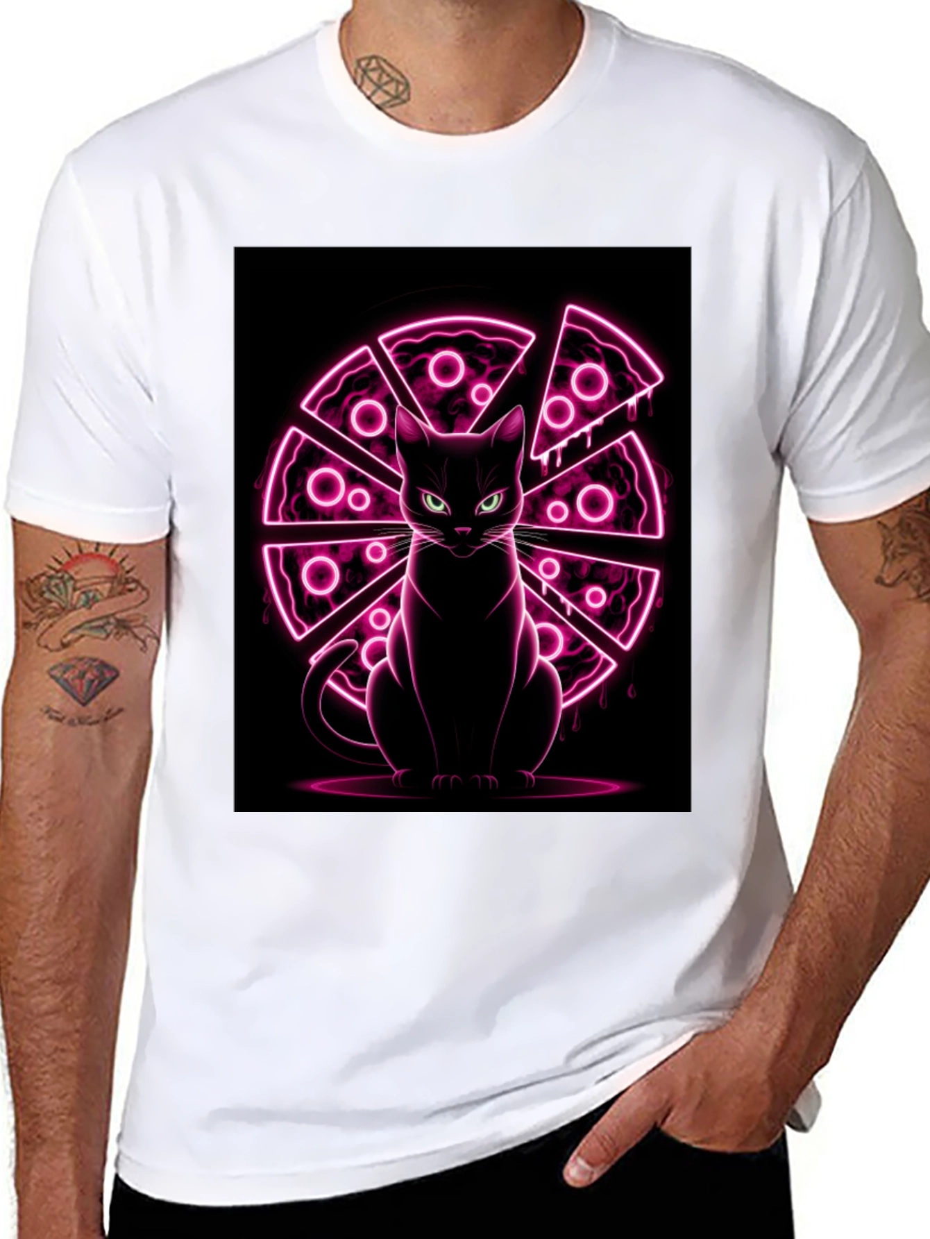 Cat Pizza Neon Graphic T-Shirt