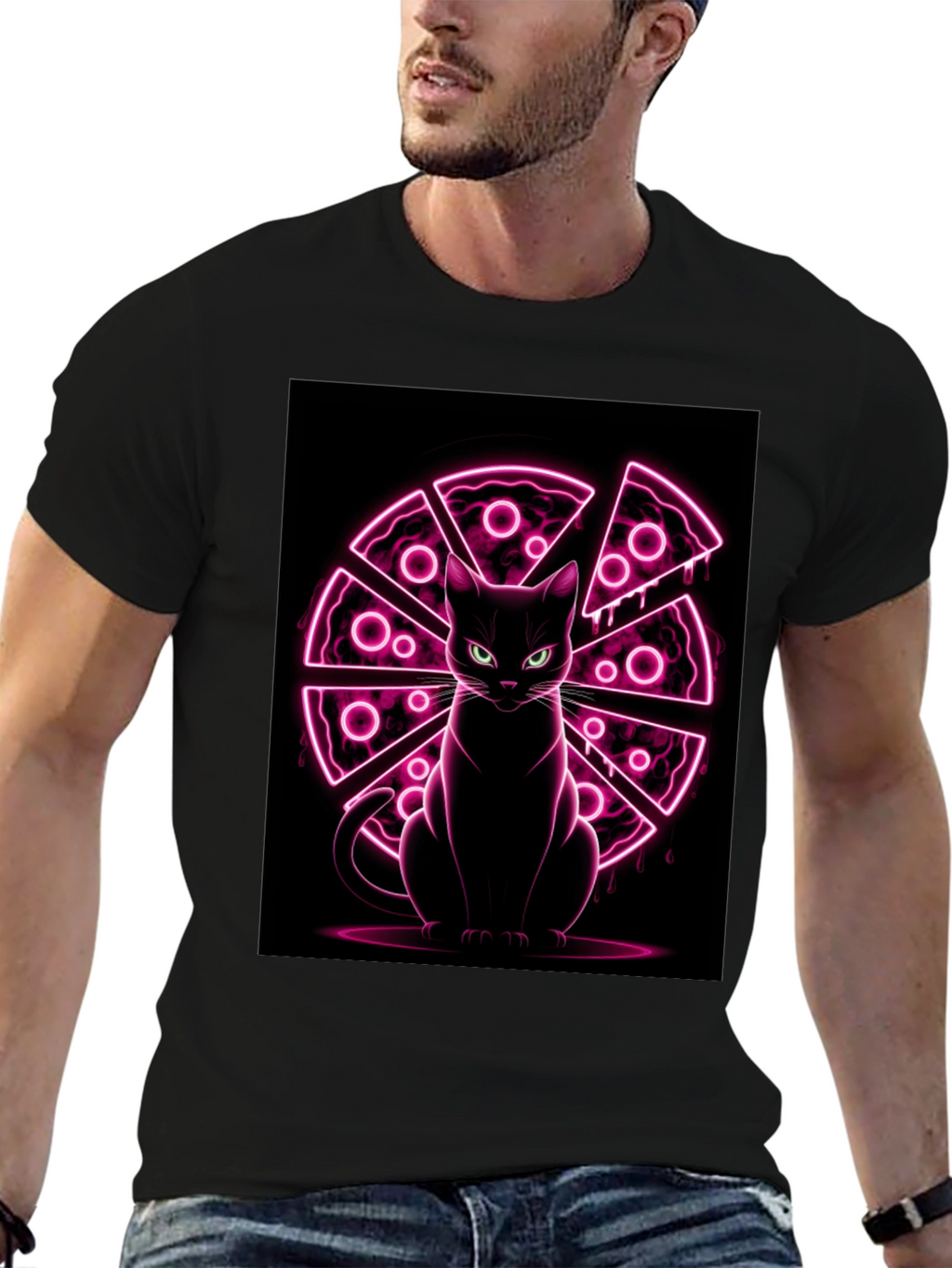 Cat Pizza Neon Graphic T-Shirt