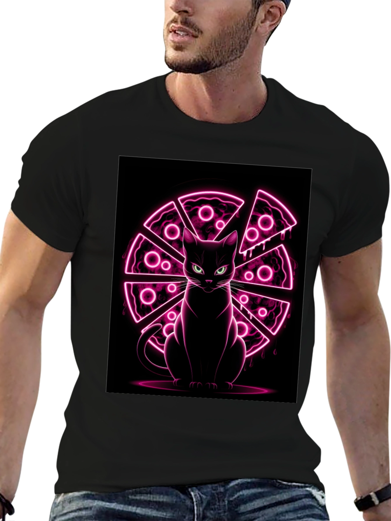 Cat Pizza Neon Graphic T-Shirt