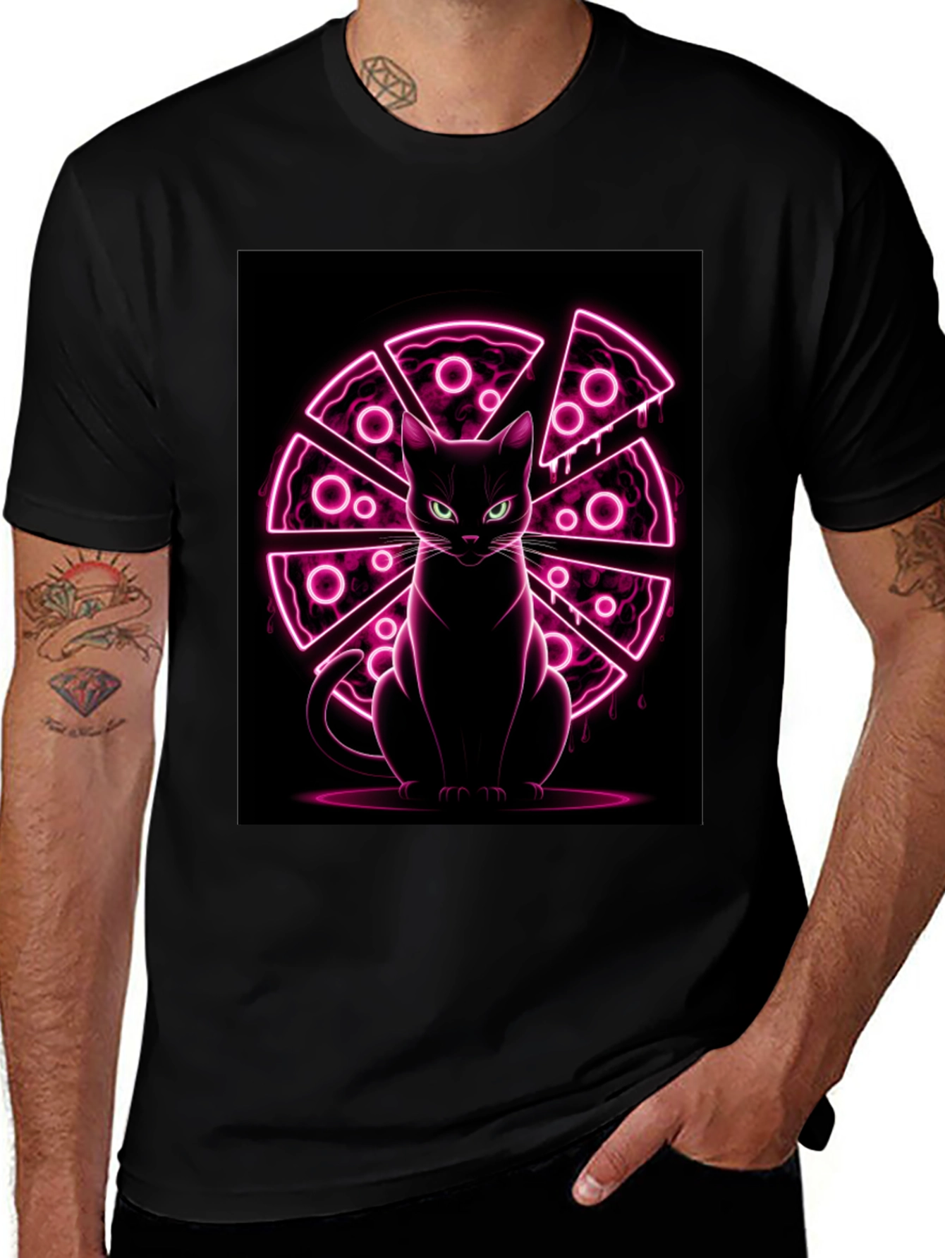 Cat Pizza Neon Graphic T-Shirt