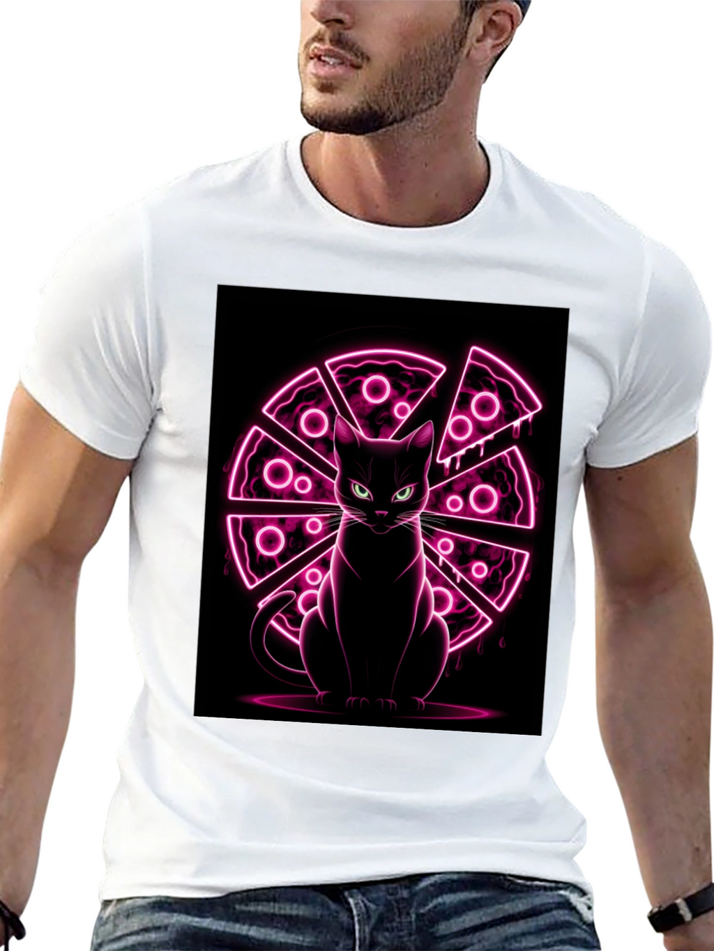 Cat Pizza Neon Graphic T-Shirt