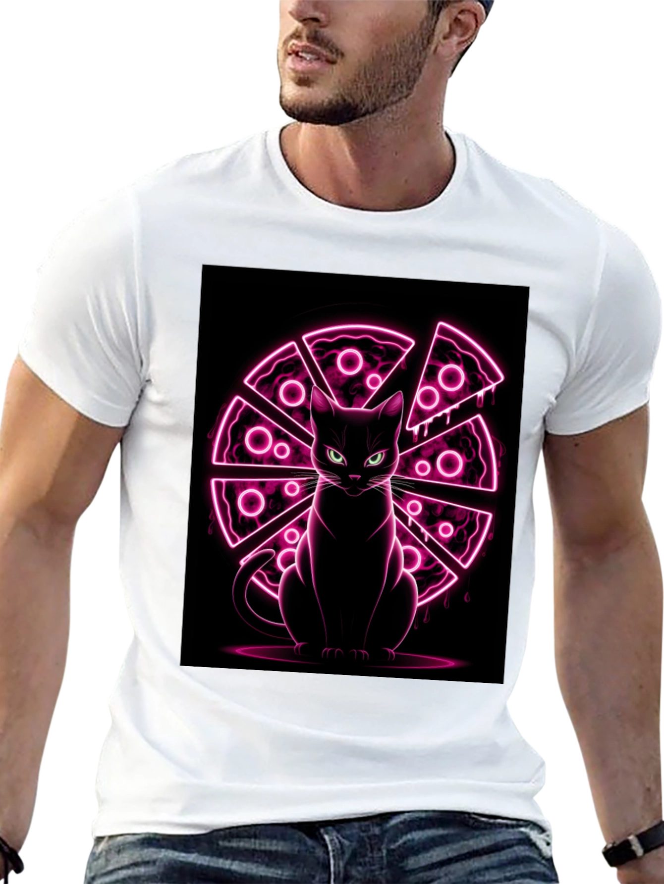 Cat Pizza Neon Graphic T-Shirt