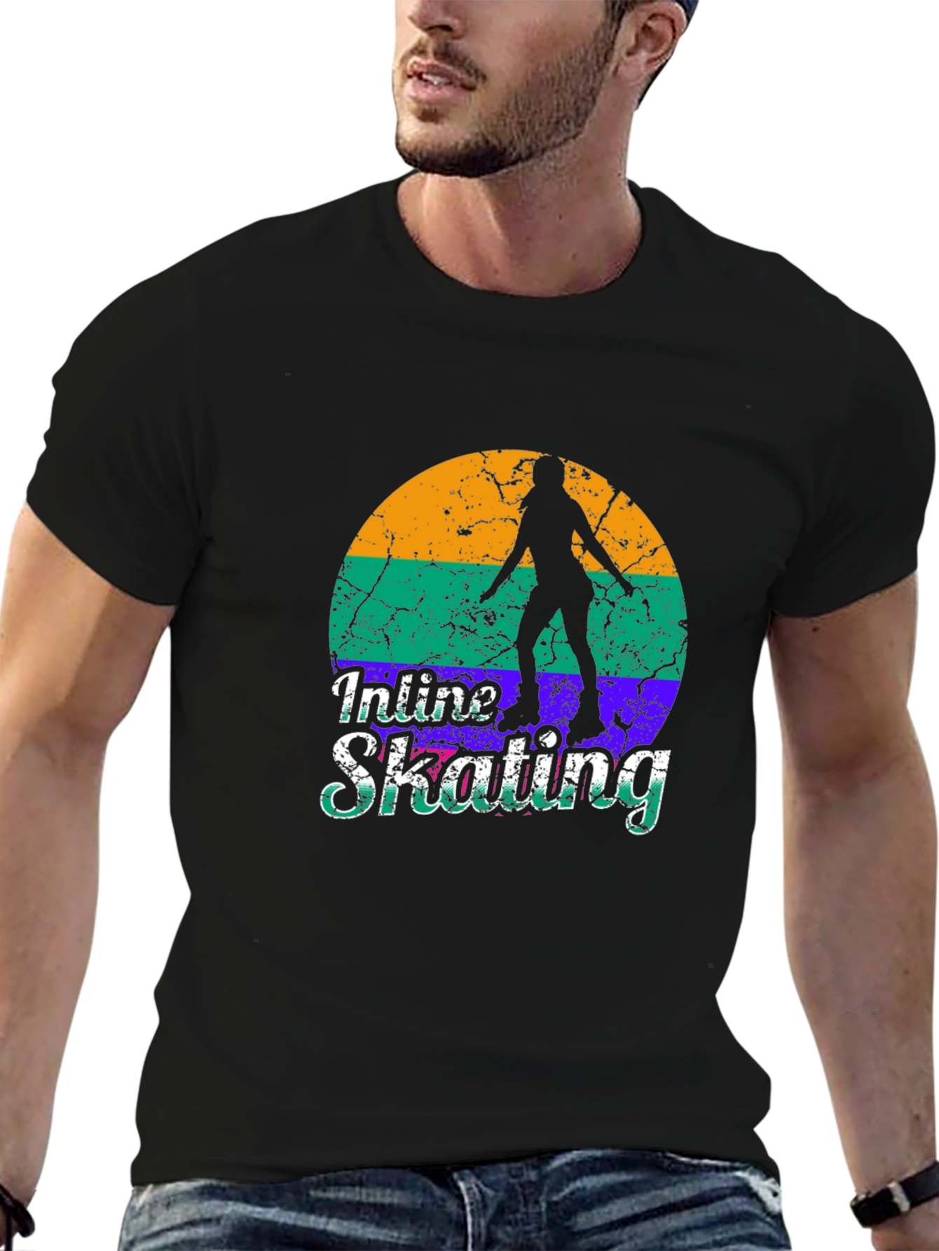 Inline Skating Retro Graphic Tee - Black Cotton