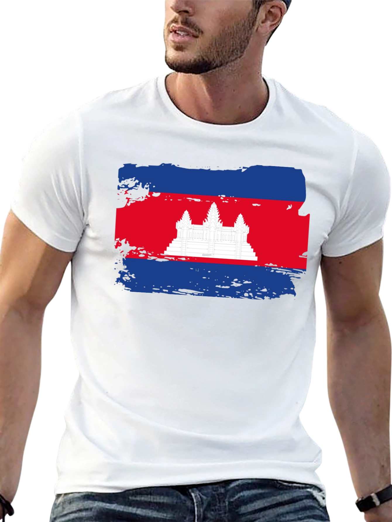 Cambodia Flag Graphic Tee - Black Cotton T-Shirt