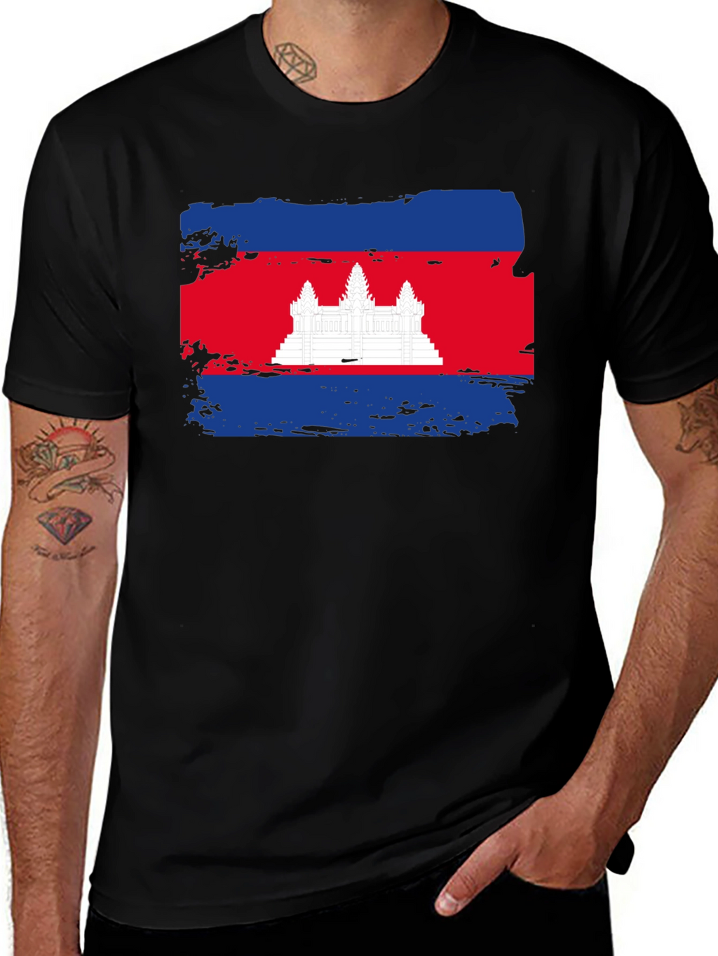 Cambodia Flag Graphic Tee - Black Cotton T-Shirt