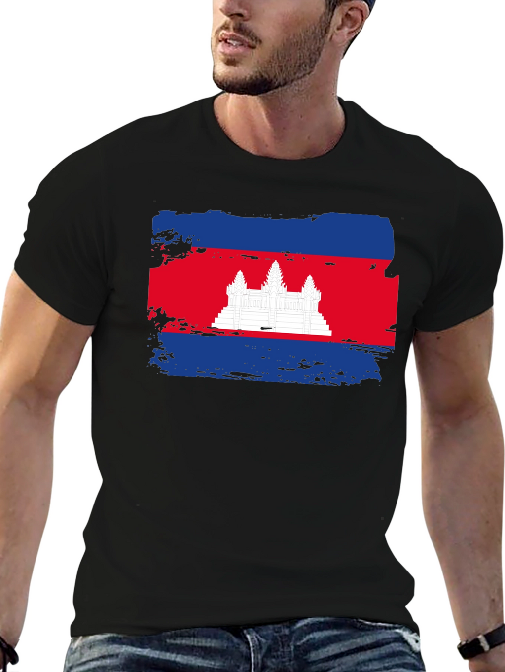 Cambodia Flag Graphic Tee - Black Cotton T-Shirt