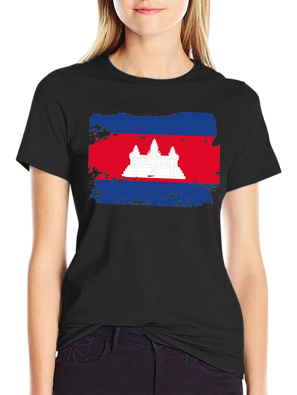 Cambodia Flag Graphic Tee - Black Cotton T-Shirt