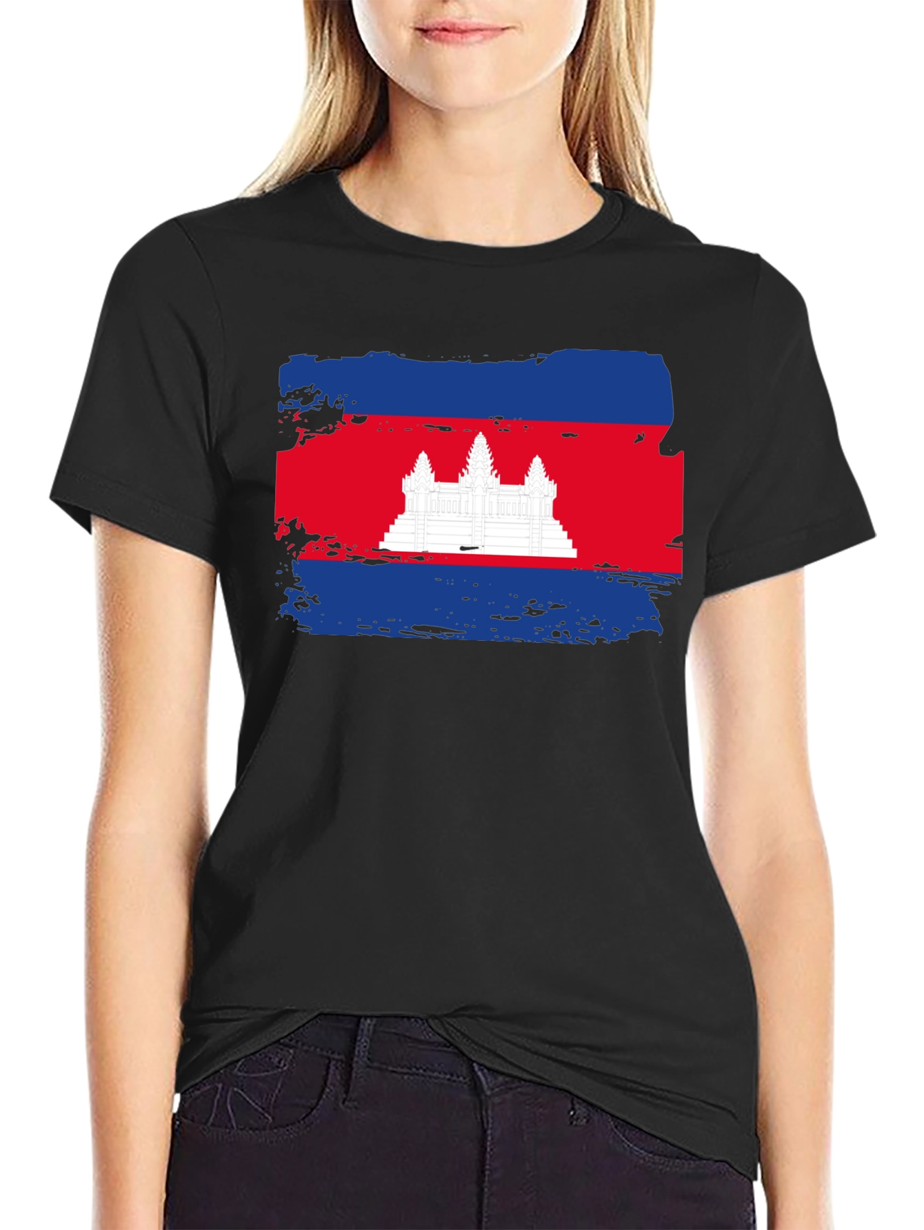 Cambodia Flag Graphic Tee - Black Cotton T-Shirt