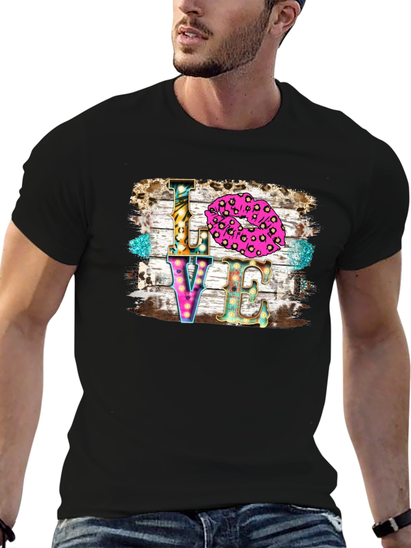 LOVE Kiss Leopard Print Graphic Tee