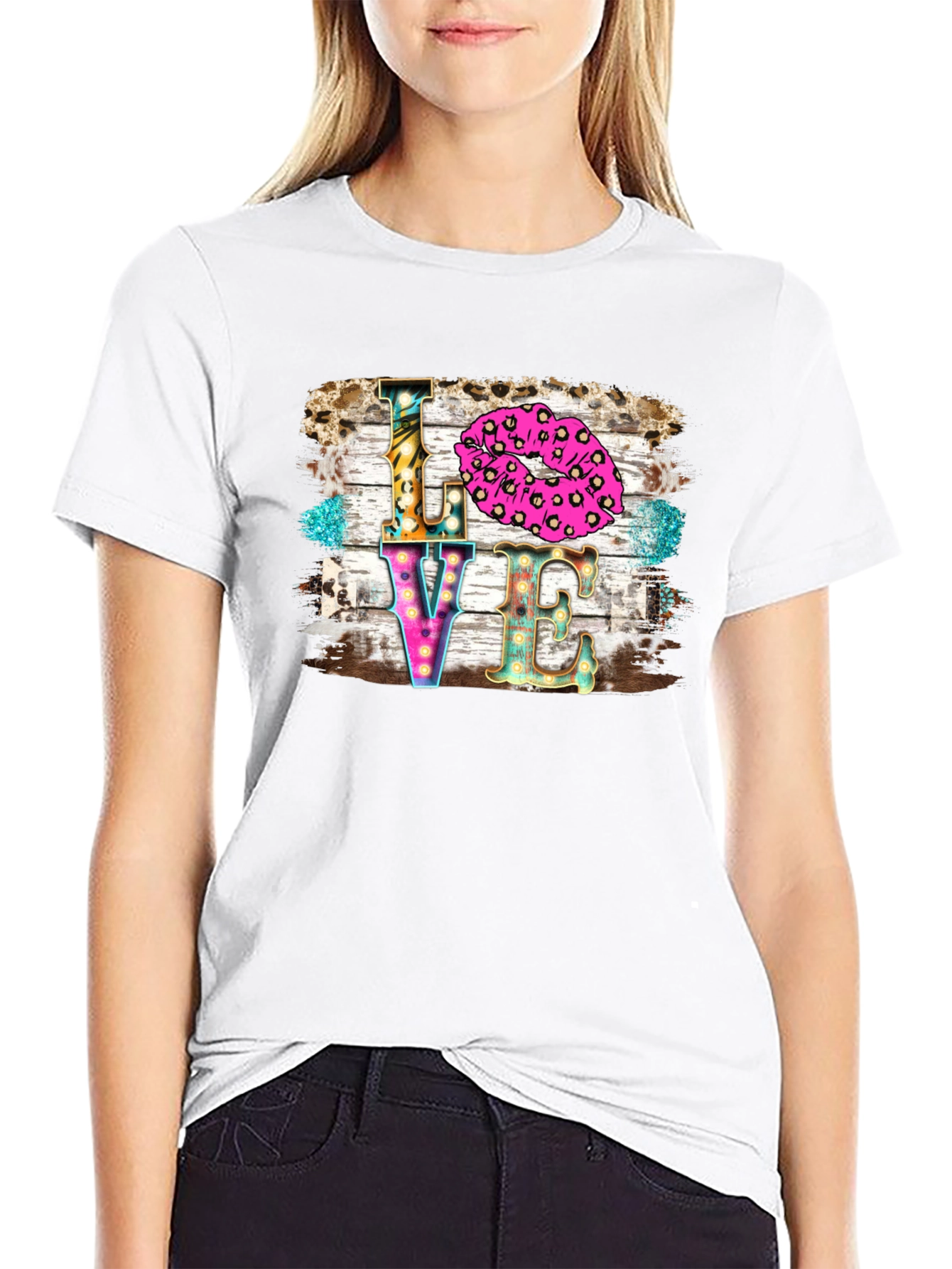 LOVE Kiss Leopard Print Graphic Tee