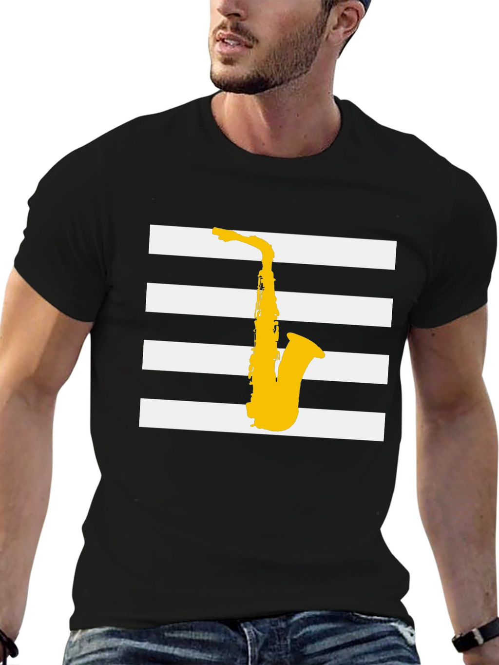 Saxophone Graphic Tee - Black Striped Music Shirt
