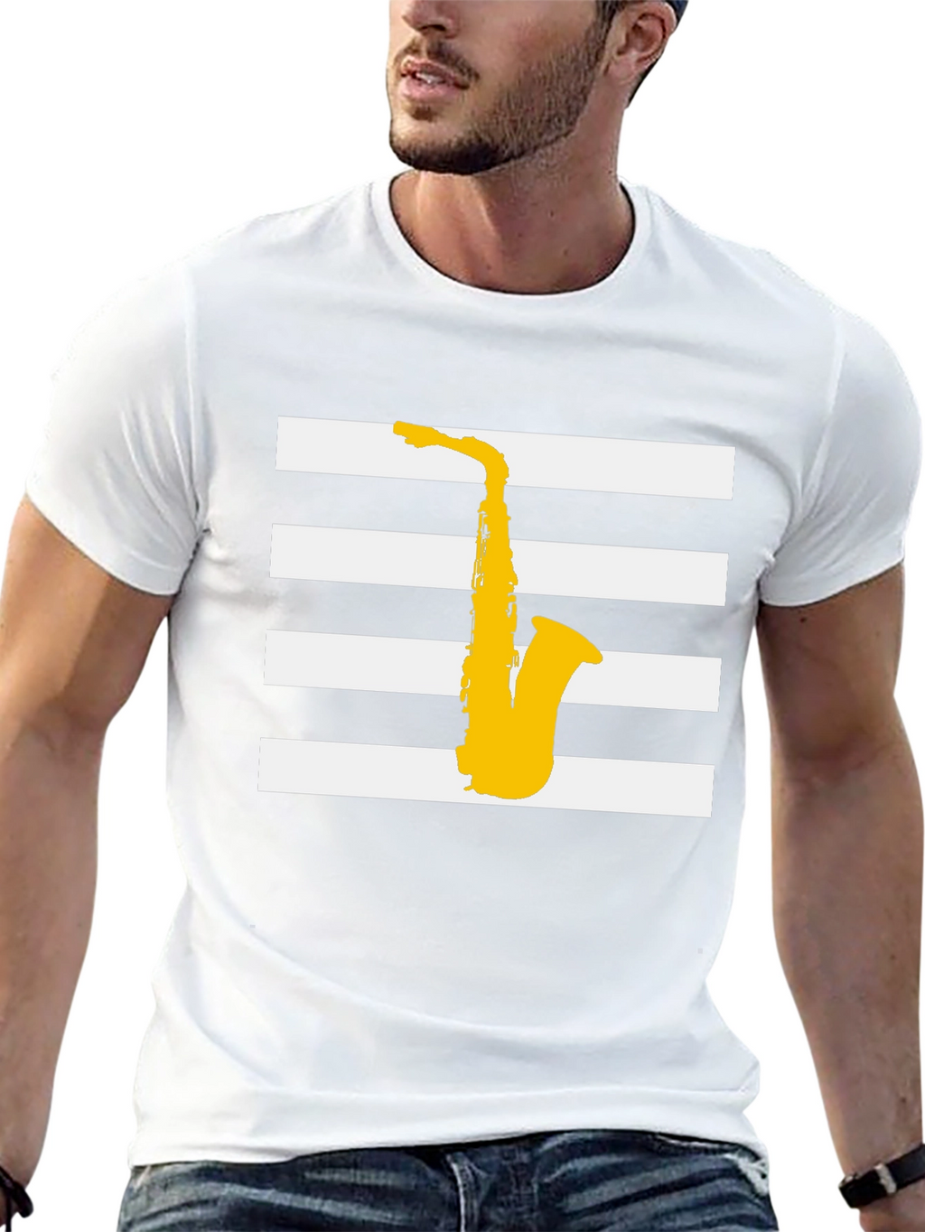 Saxophone Graphic Tee - Black Striped Music Shirt