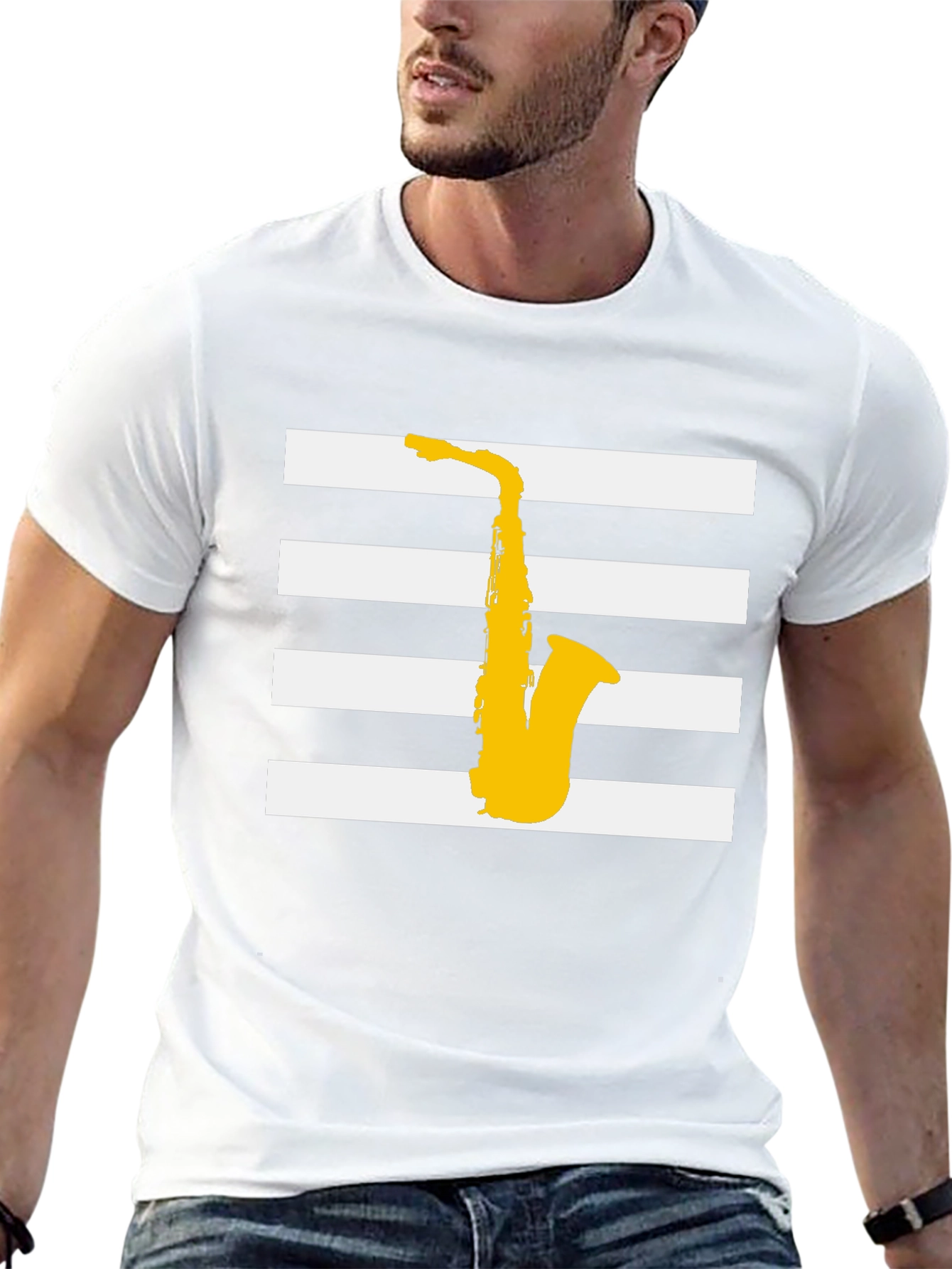 Saxophone Graphic Tee - Black Striped Music Shirt