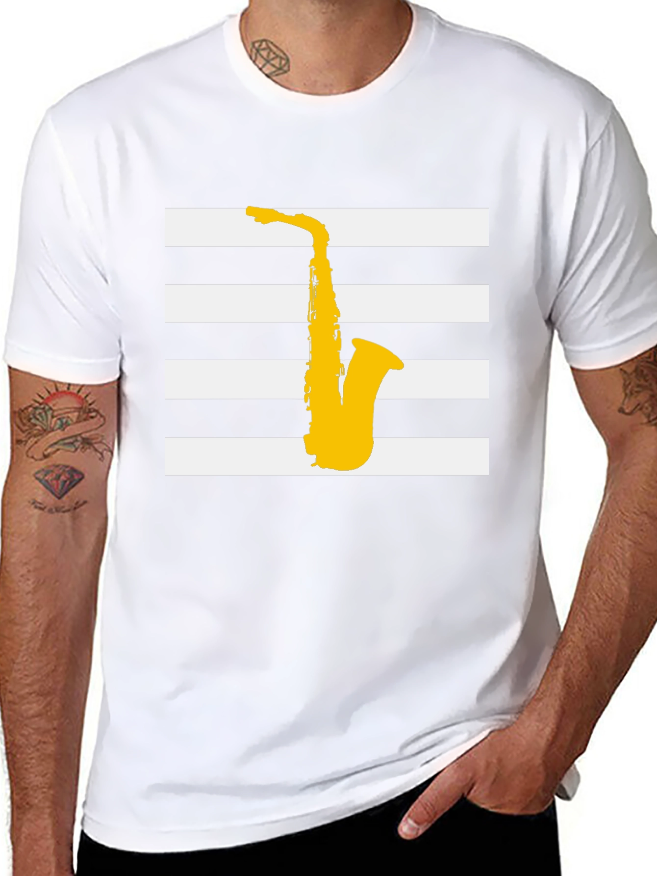Saxophone Graphic Tee - Black Striped Music Shirt