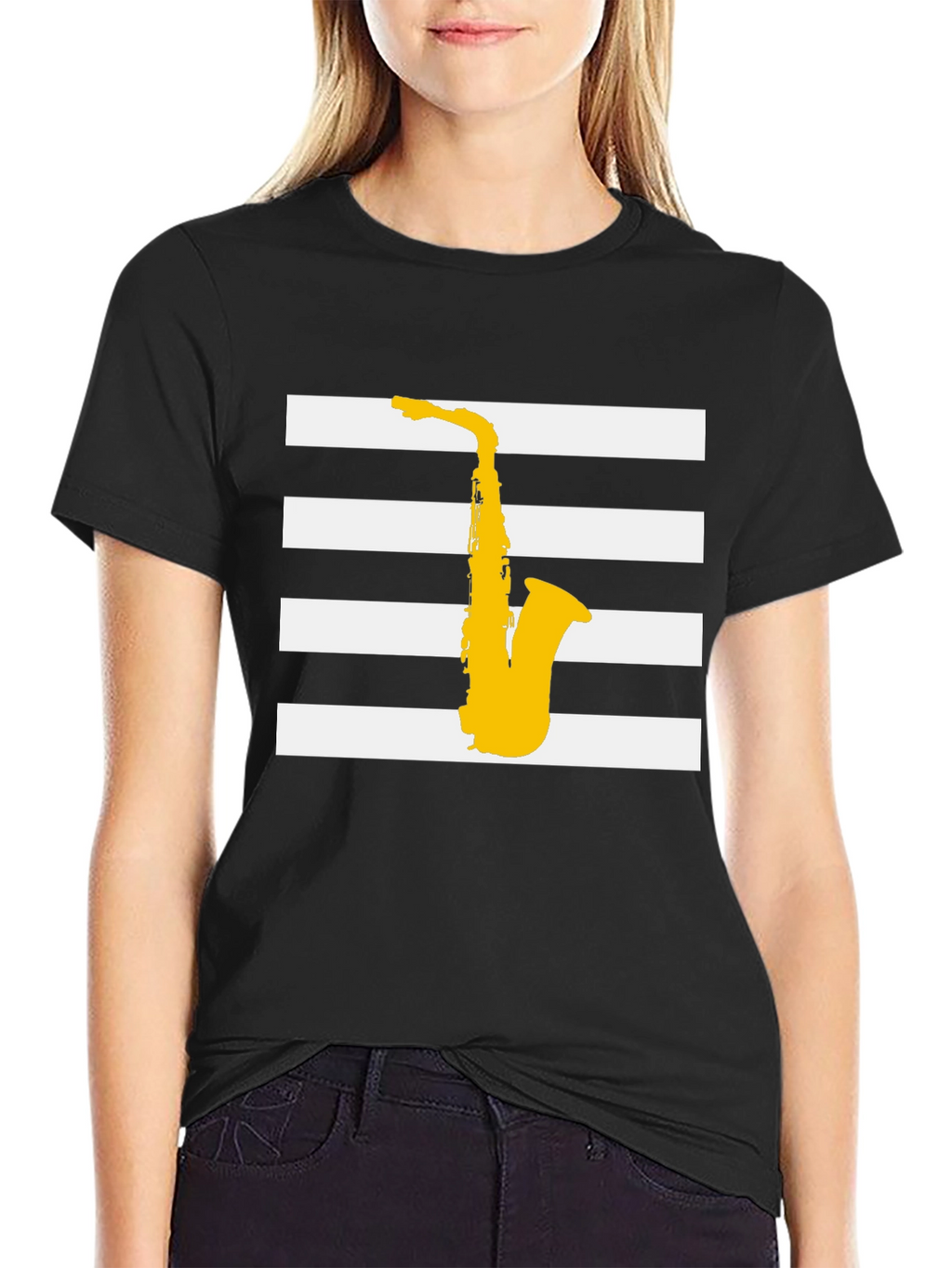 Saxophone Graphic Tee - Black Striped Music Shirt