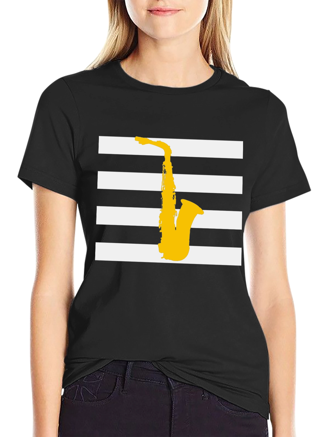 Saxophone Graphic Tee - Black Striped Music Shirt