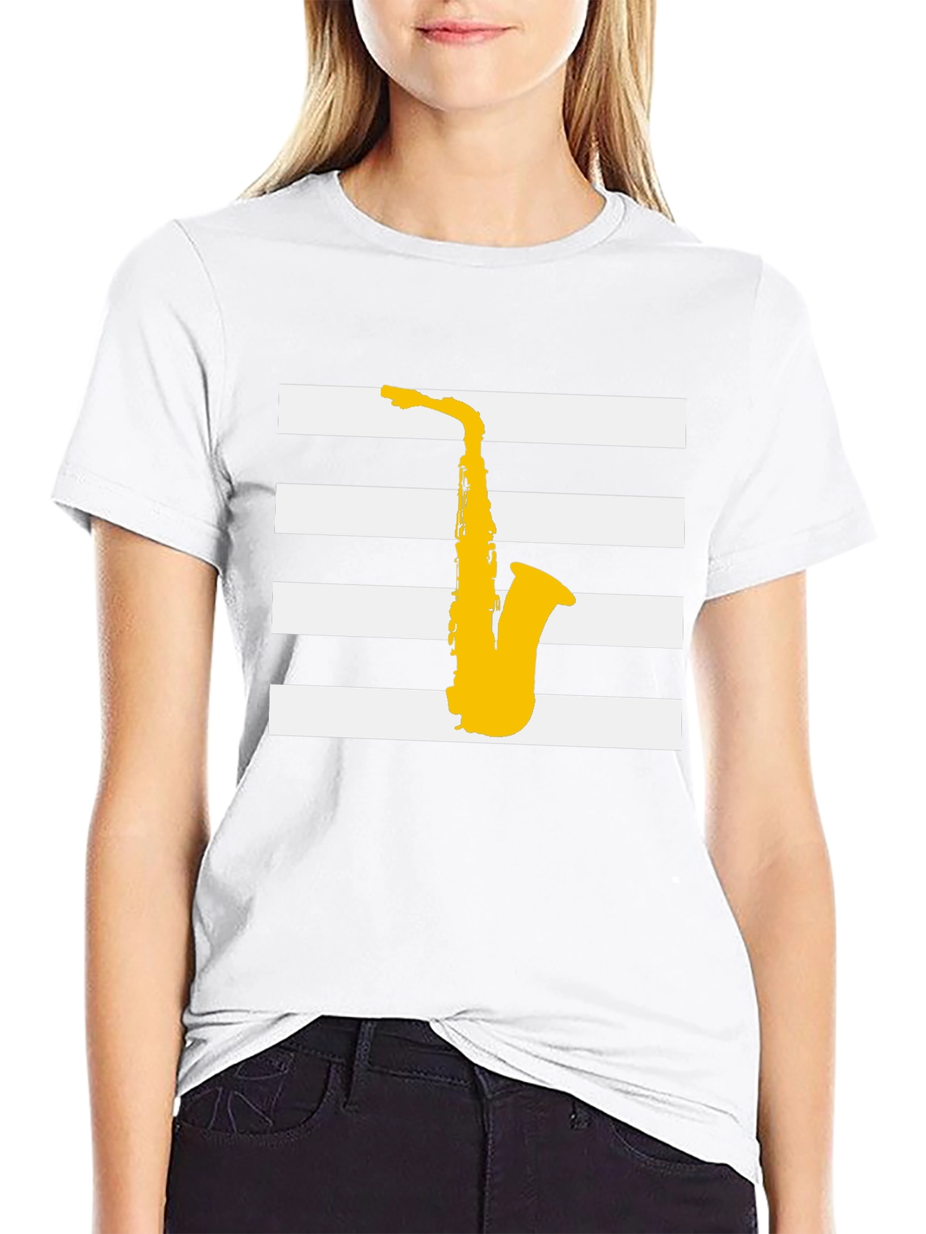 Saxophone Graphic Tee - Black Striped Music Shirt