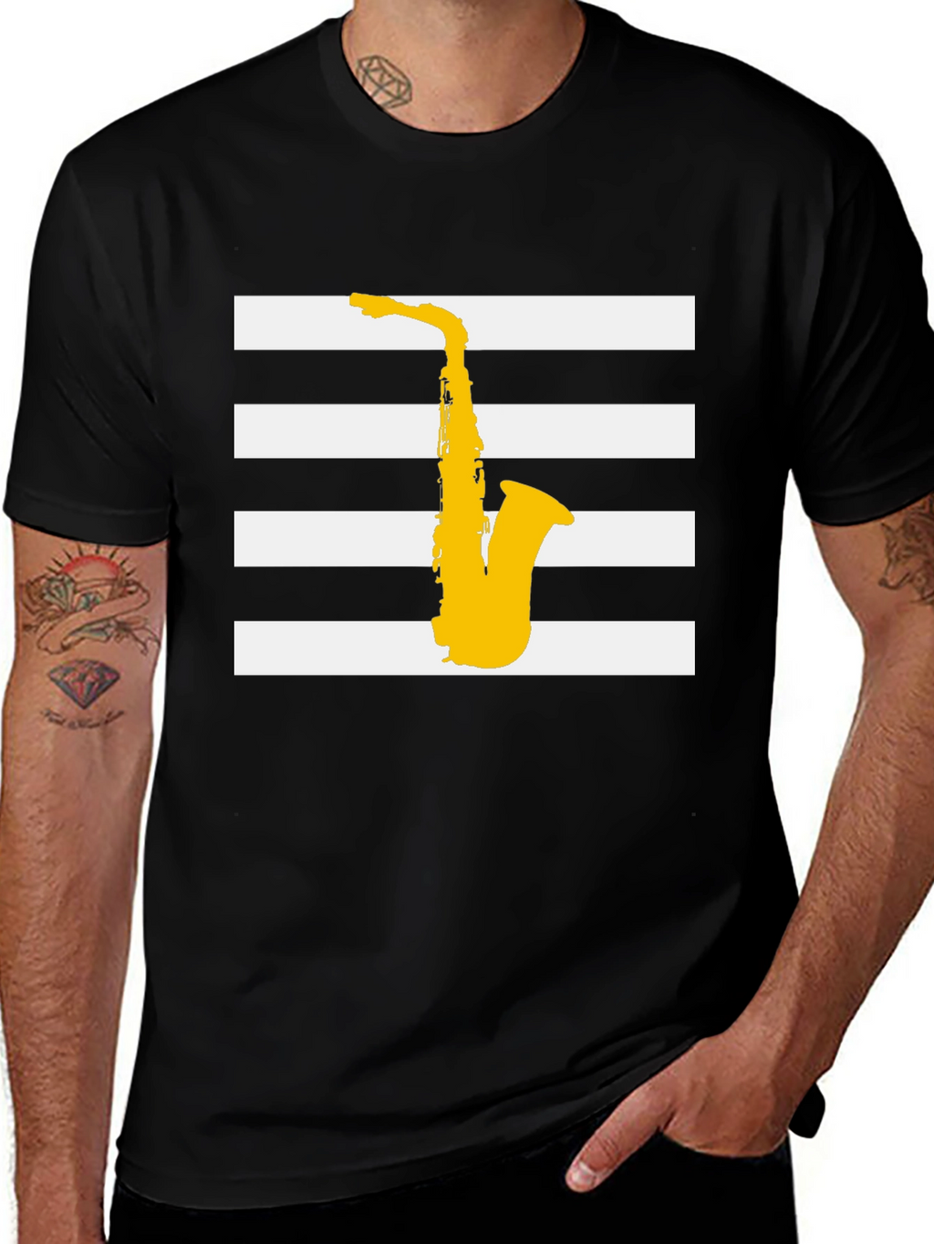 Saxophone Graphic Tee - Black Striped Music Shirt